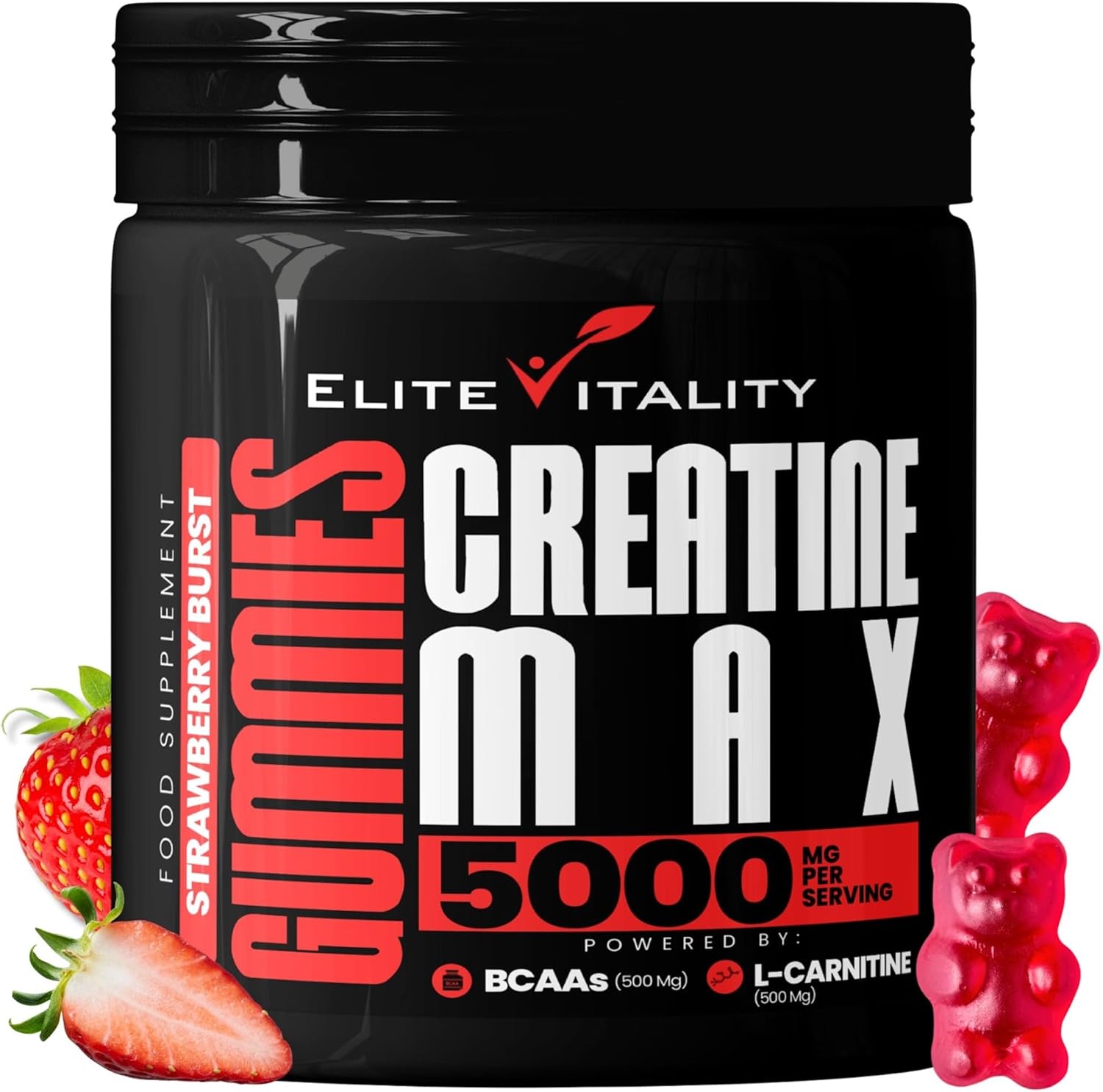 Creatine Monohydrate Gummies 5000mg + BCAAs & L-Carnitine – Vegan, Sugar-Free, Pre Workout Muscle Recovery Supplement for Men & Women – 90 Gummies – Strawberry Burst – Gym & Fitness Support