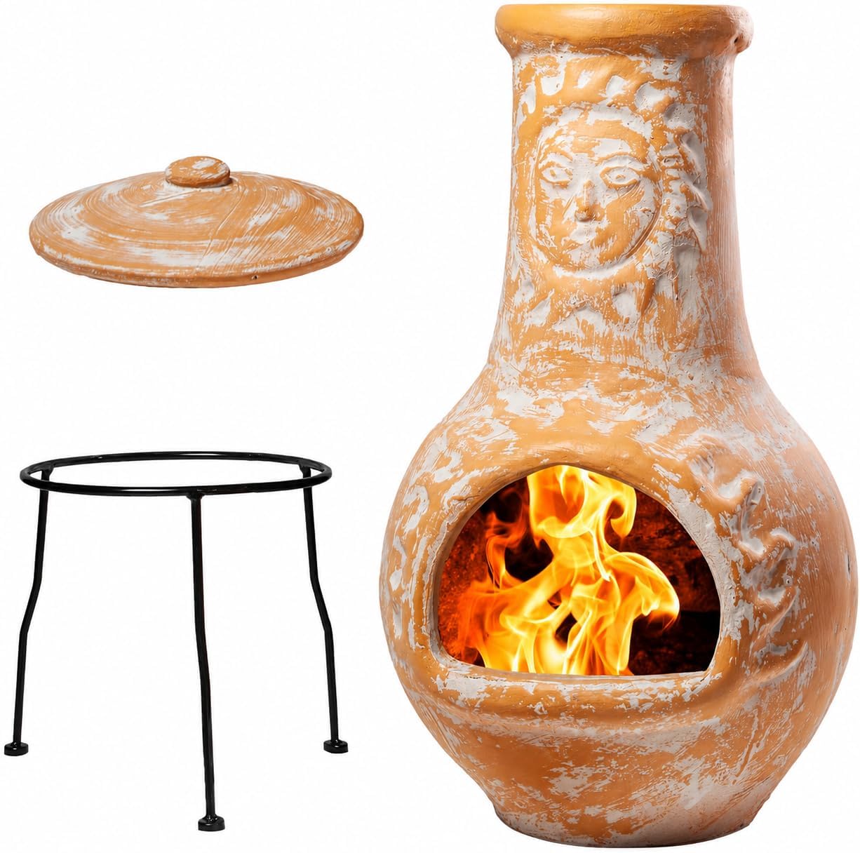 Terracotta Chimenea Outdoor Fireplace, Clay Chiminea with Lid & Metal Stand