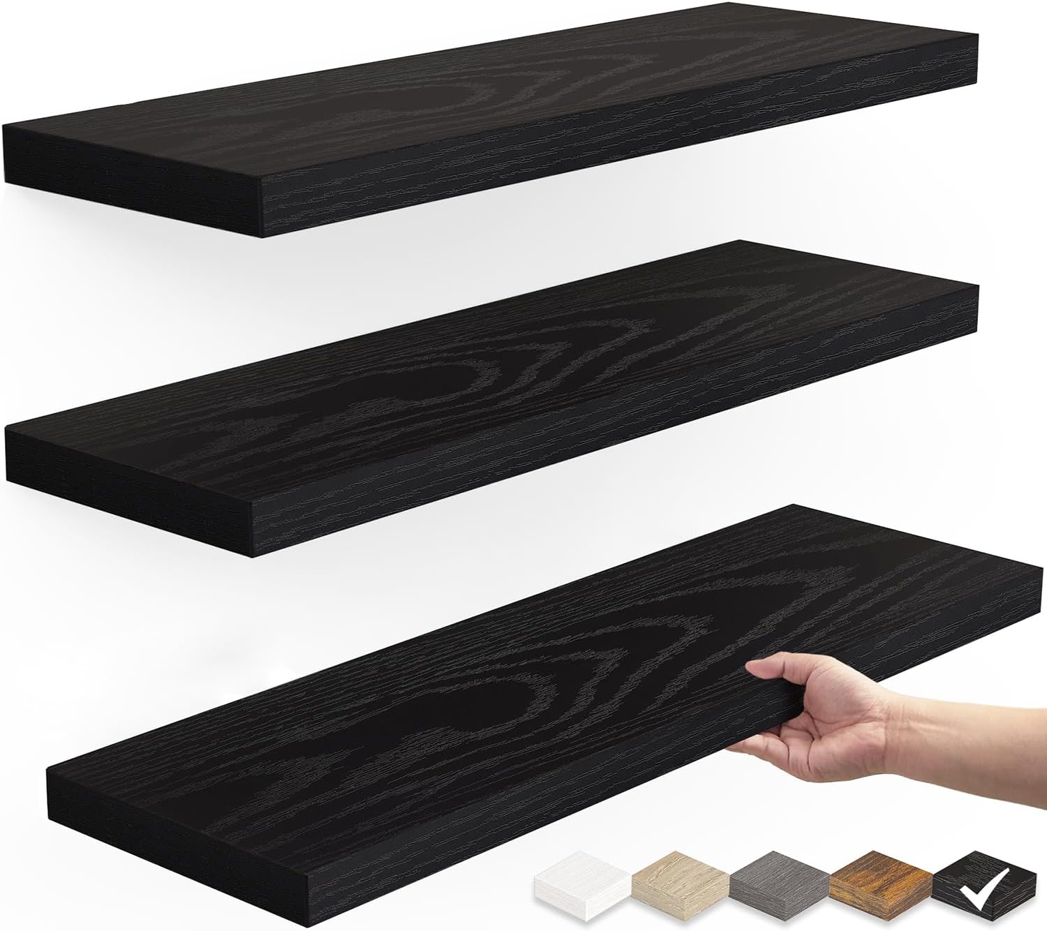 BAYKA Floating Shelves for Wall, Wall Mounted Rustic Wood Shelves for Bathroom, Bedroom, Living Room, Kitchen, Hanging Shelf for Books/Storage/Room Decor with 22lbs Capacity (Black, Set of 3, 15.7in)