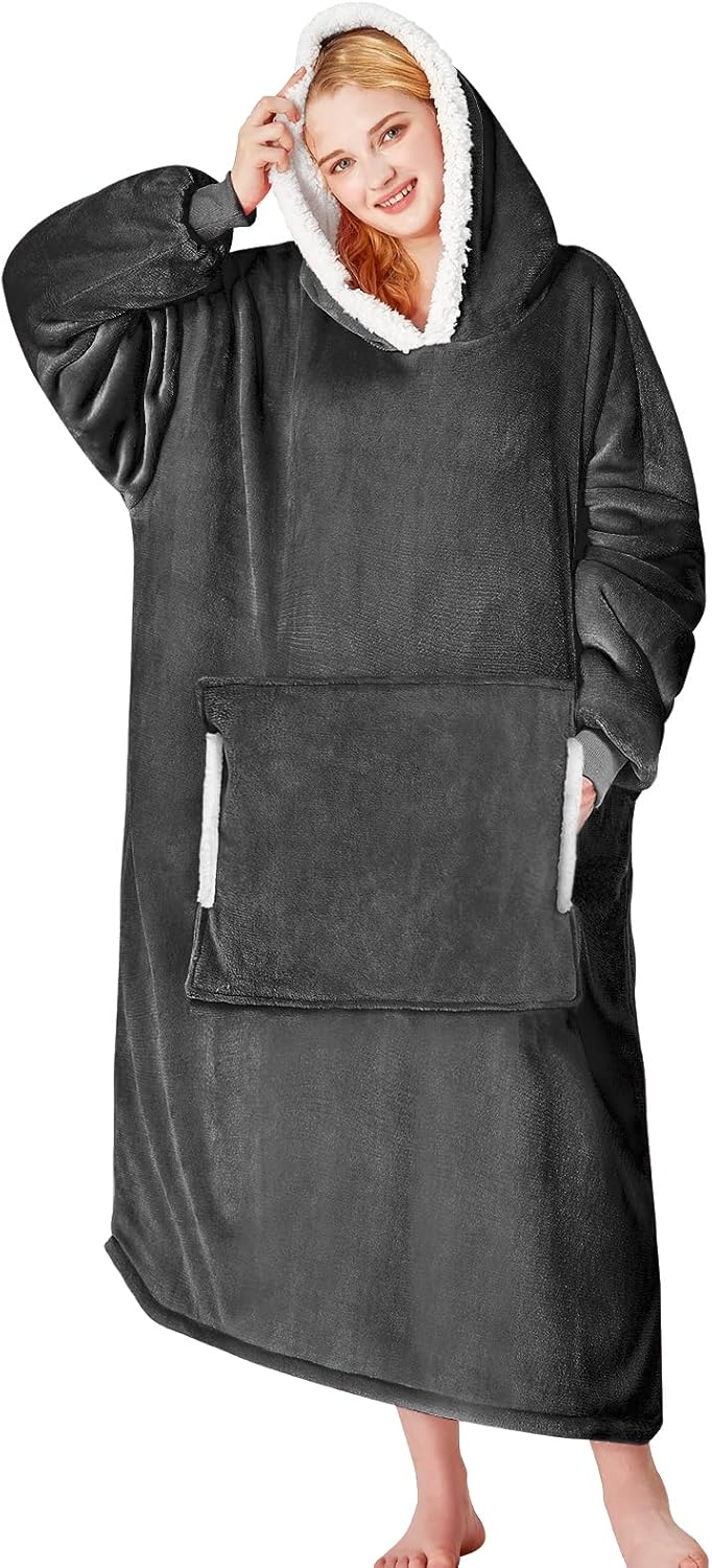 yescool Wearable Blanket Hoodie - Birthday Christmas Gifts for Women Mom Girlfriend, Oversized Flannel Sherpa Cozy Hooded Blanket Sweatshirt Adult With Hood Pocket & Sleeves, One Size Fits All (Grey)