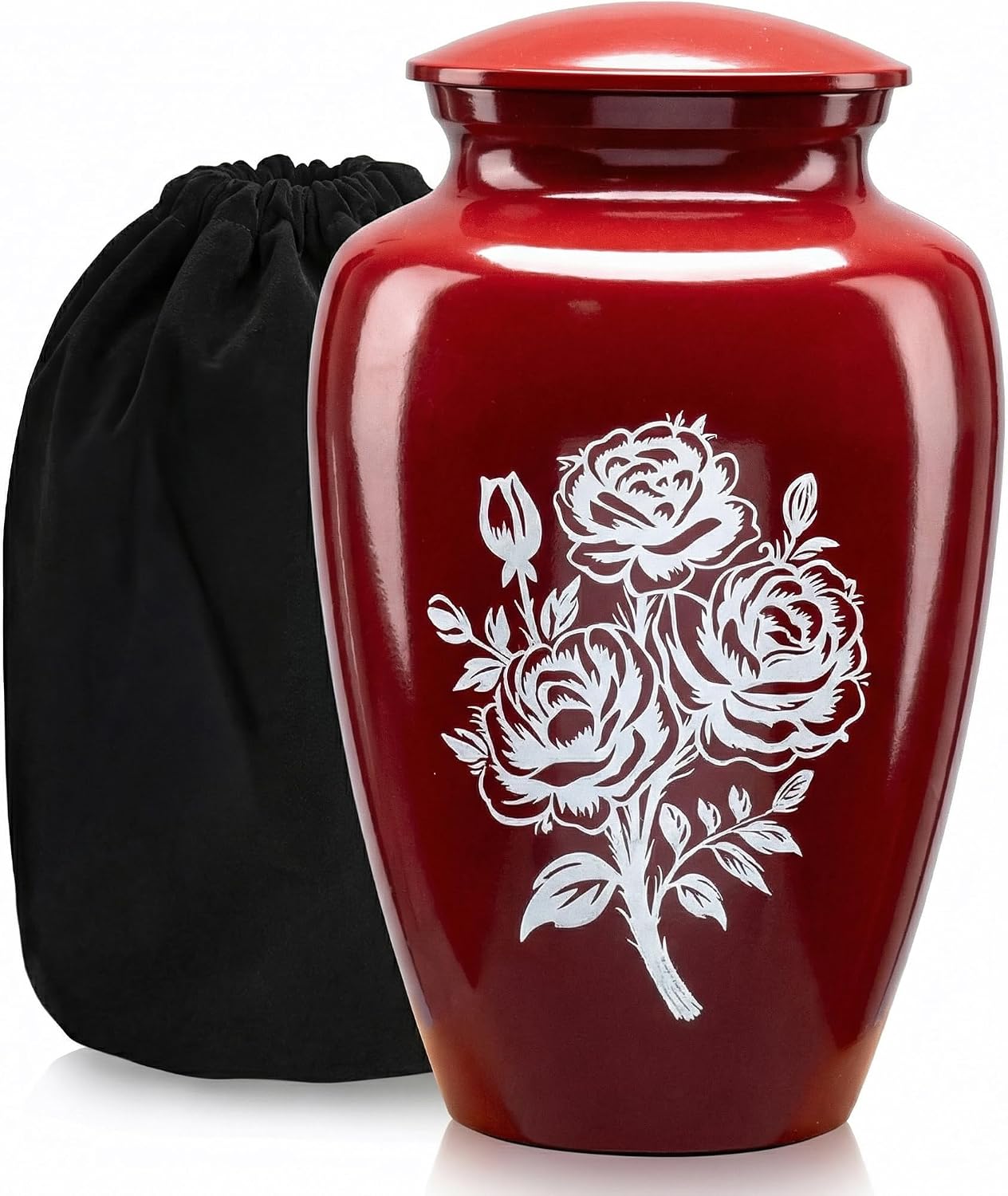 Handcrafted Urn for Human Ashes, Large Decorative Cremation Urns, Memorial Funeral Urn for Women Adults with Rose Floral Red Finish, Metal Alloy 10" H x 6" W