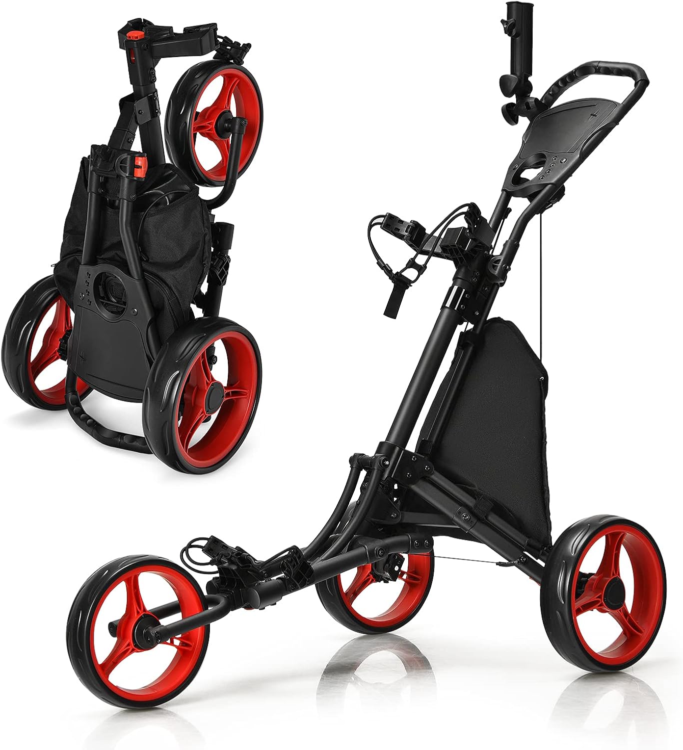 GYMAX 3 Wheels Golf Push Pull Cart, Lightweight Height Adjustable Golf Trolley with Storage Bag, Foot Brake, Umbrella Holder and Built-in Cooler, Foldable Golf Bag Holder
