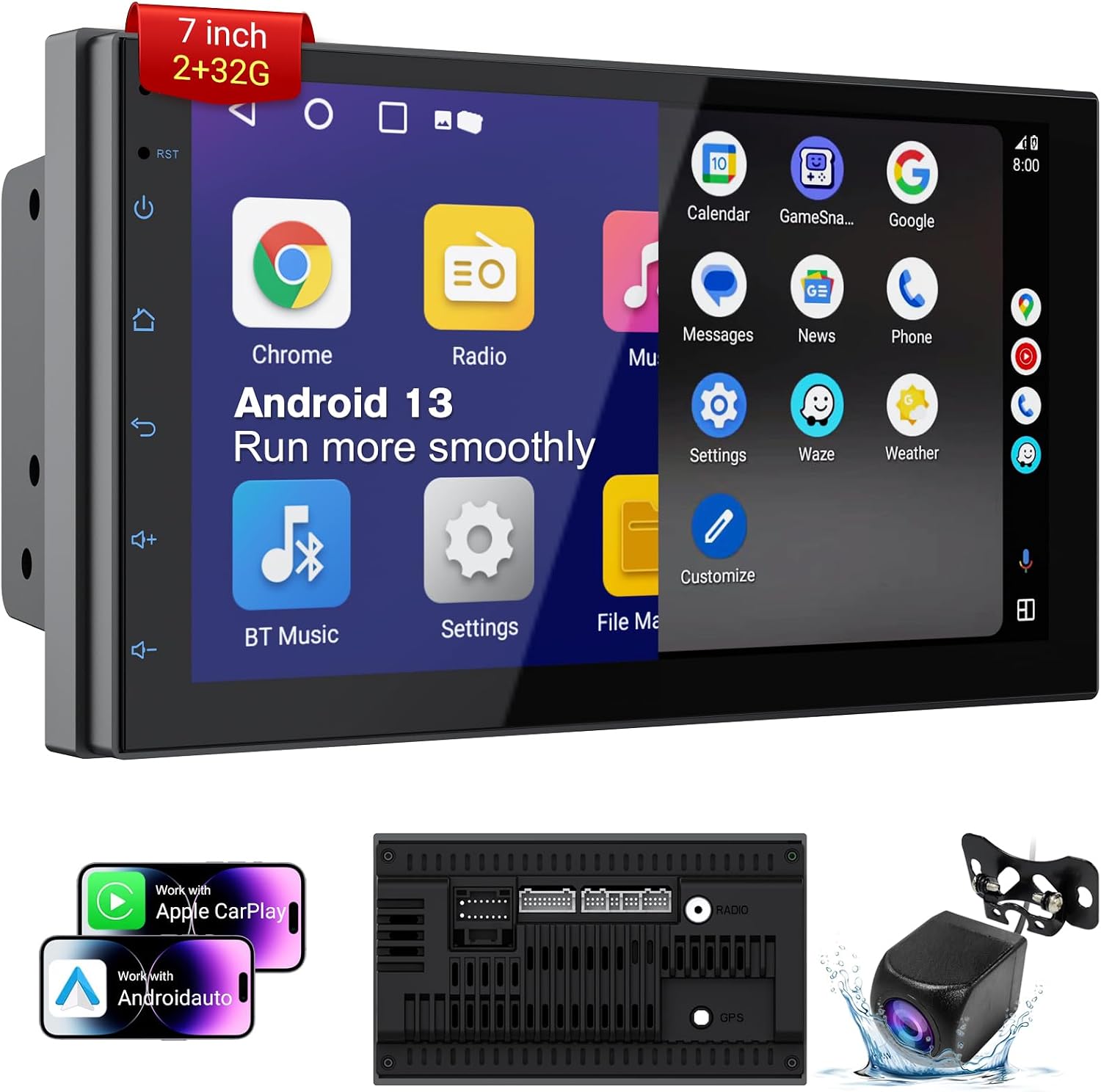 7" Wireless Apple CarPlay & Android Auto Screen,2GB+32GB Android 13.0 Car Stereo with GPS Navigation, Double DIN Car Audio with Bluetooth, Voice Control,Capacitive Touchscreen,FM Radio, Rear Camera