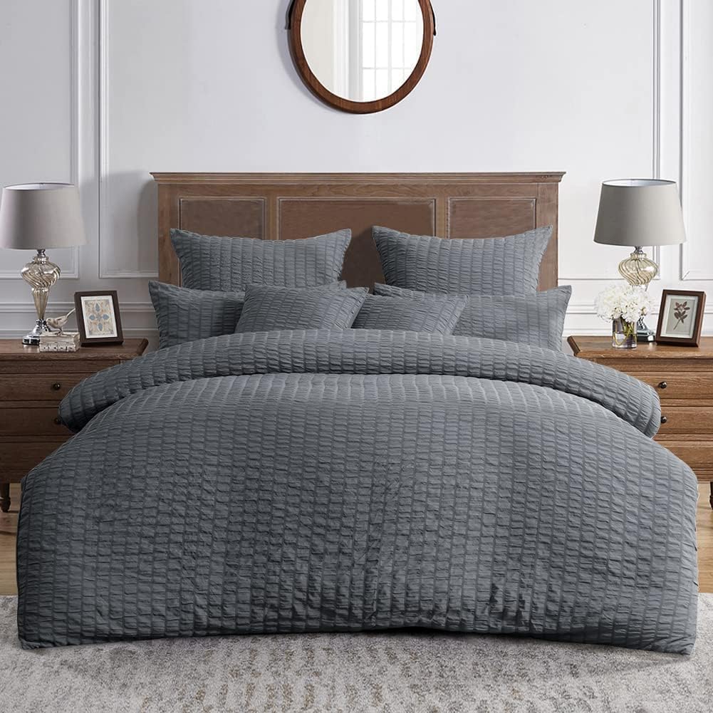 MK Home Textile Seersucker Duvet Cover Set Double Bedding Sets with Pillow Cases 100% Cotton Hotel Quality White Silver Charcoal Pink Grey Quilt Covers Double King SuperKing