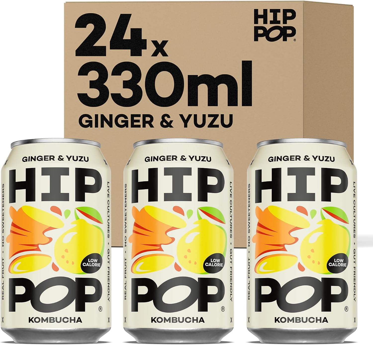 Hip Pop Kombucha, Ginger & Yuzu, Low Calorie, 100% Natural, Vegan, Branding of Cans May Vary, 24 x 330 ml