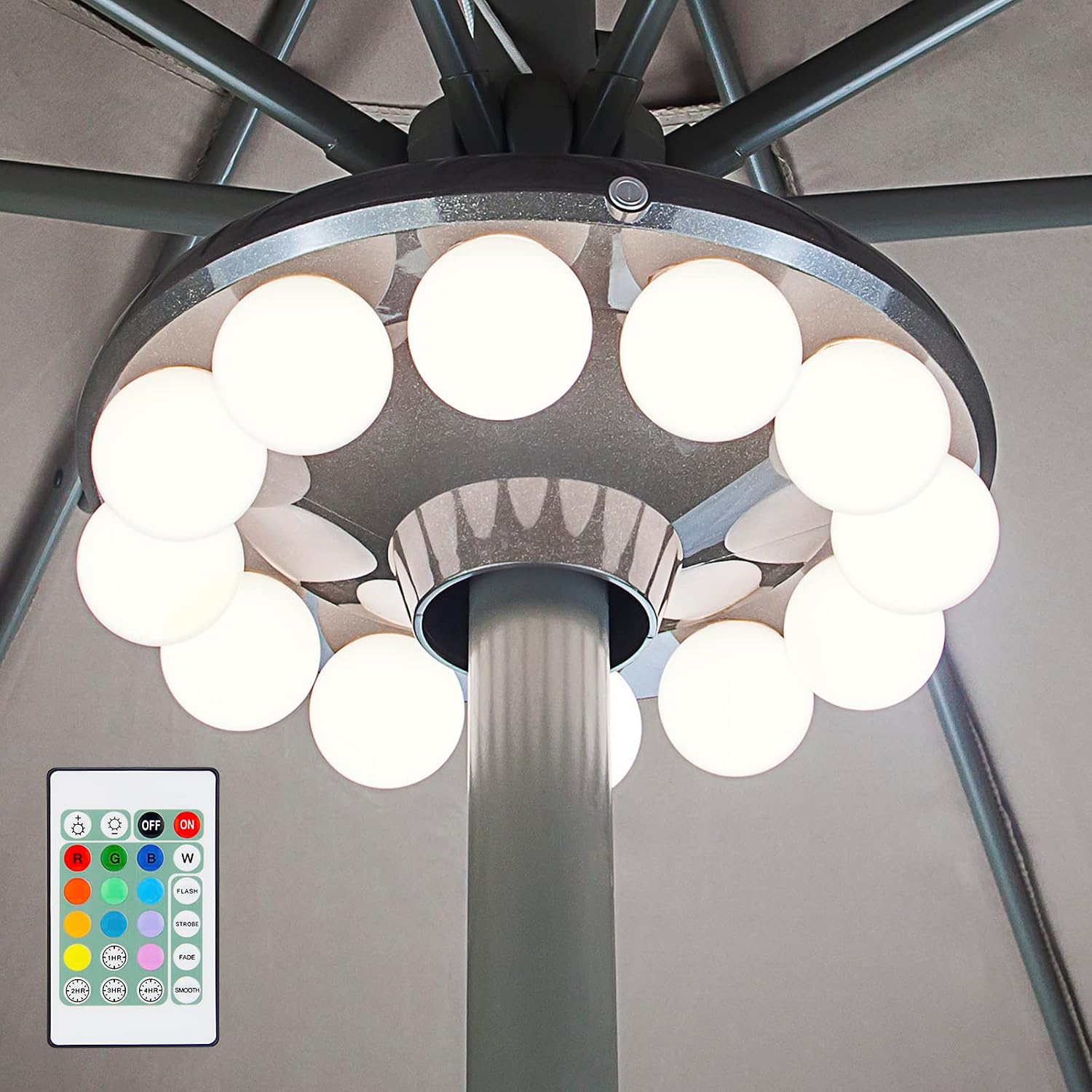 Patio Umbrella Light, 3xD Battery Operated Umbrella Pole Light with Remote 80Ft Through Wall, 12 Bulb 60 LEDs, 4 Modes, 12 Color Changing Outdoor Camping Light with Hanging Ring for Umbrella