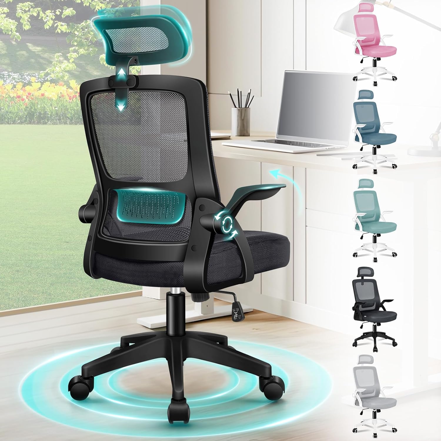 ELFORDSON Ergonomic Office Chair with Headrest, High Back Computer Chair, Dynamic Lumbar Support, 90° Flip-up Armrest, Breathable Mesh Swivel Desk Chairs for Home Office, Black