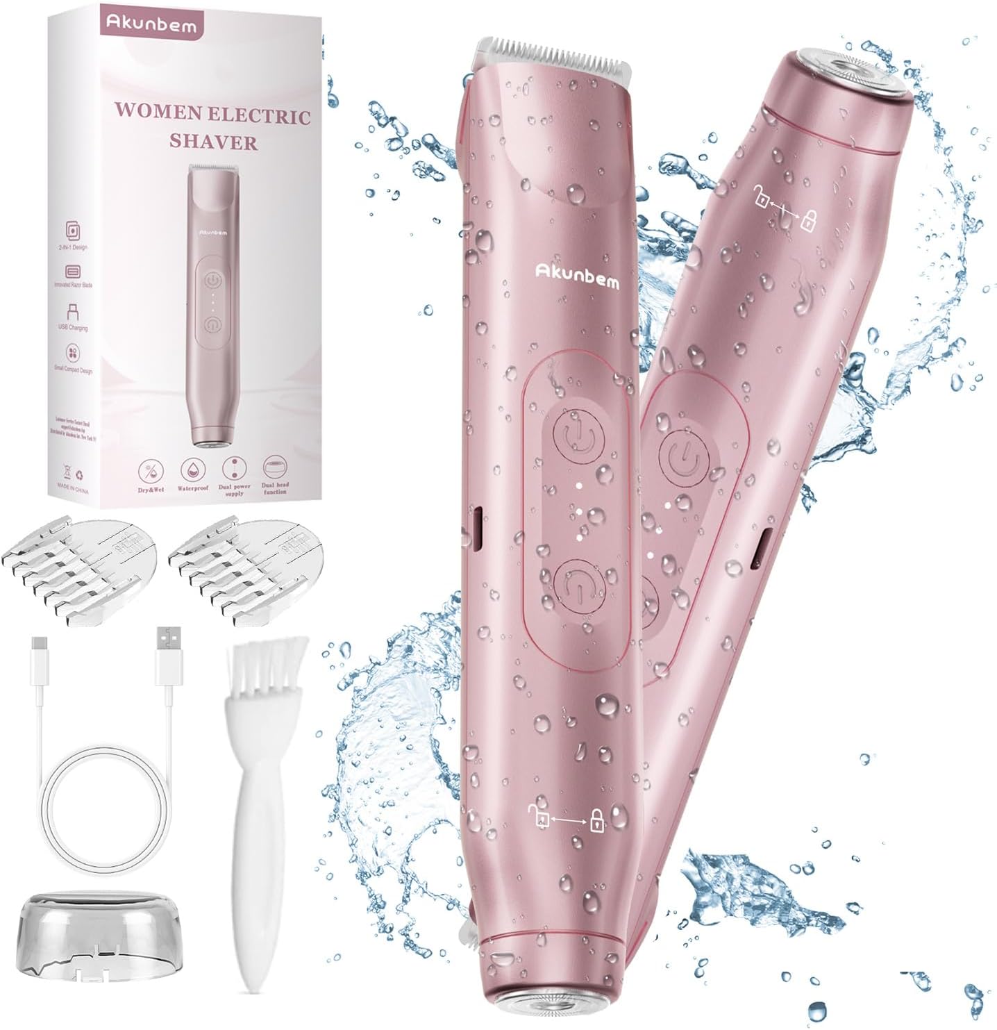 Akunbem Bikini Trimmer for Women - 2 in 1 Electric Razors for Women - Dual Head Electric Shaver - IPX7 Waterproof Wet & Dry Use Body Hair Trimmer and Facial Hair Remover for Bikini Underarm Leg Arm