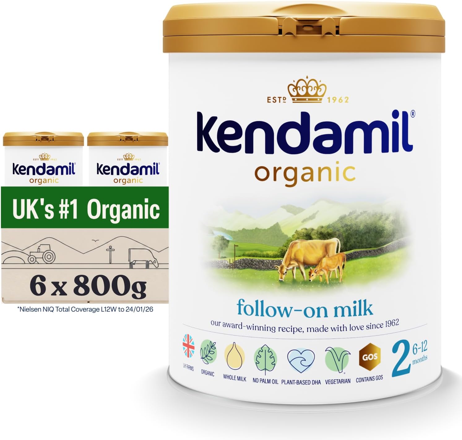 (6x800g) Kendamil Organic Follow On Milk, Stage 2 – British Made, Organic Whole Milk Formula – with HMOs, No Palm Oil, No Fish Oil, No SOYA, No GMOs