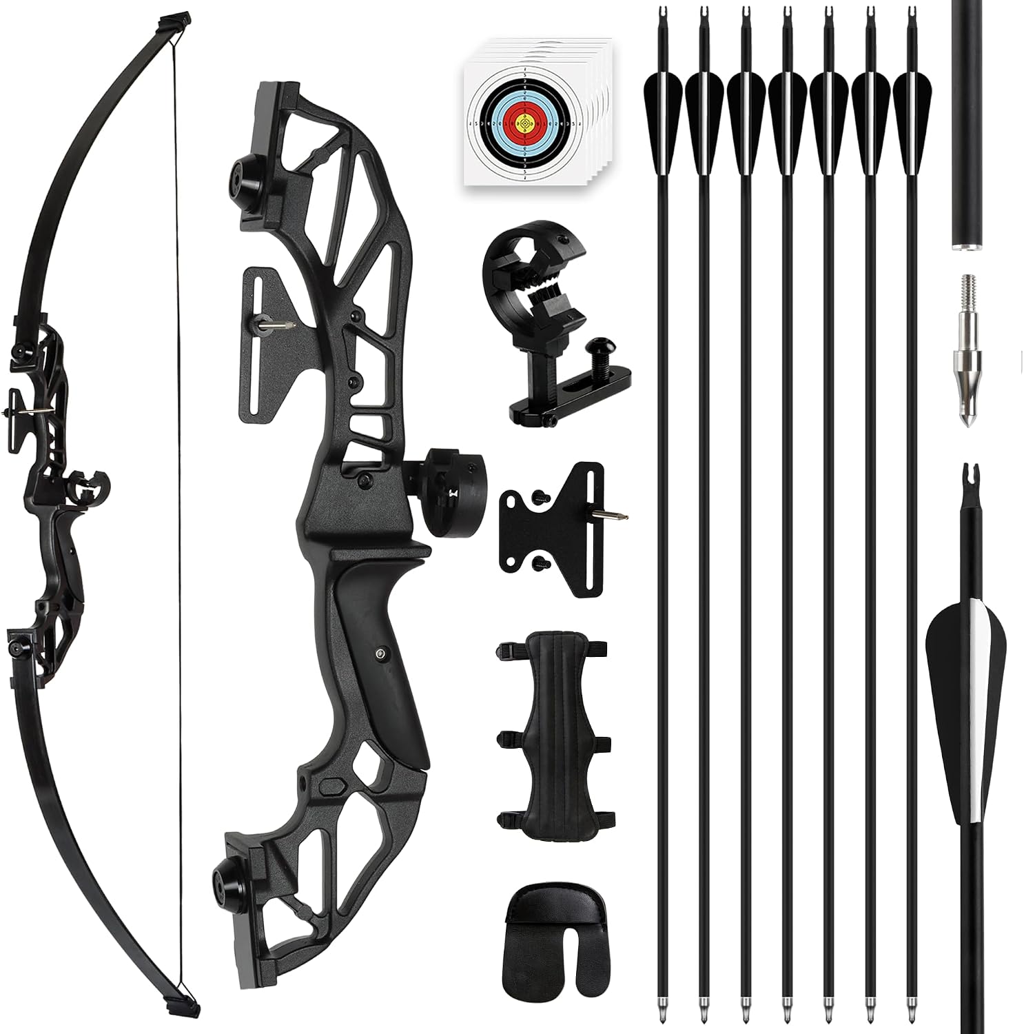 30LBS Recurve Bow Adult Right Hand and Arrow Set with 6 Carbon Arrows for Outdoor Survival Target Practice Archery Longbow