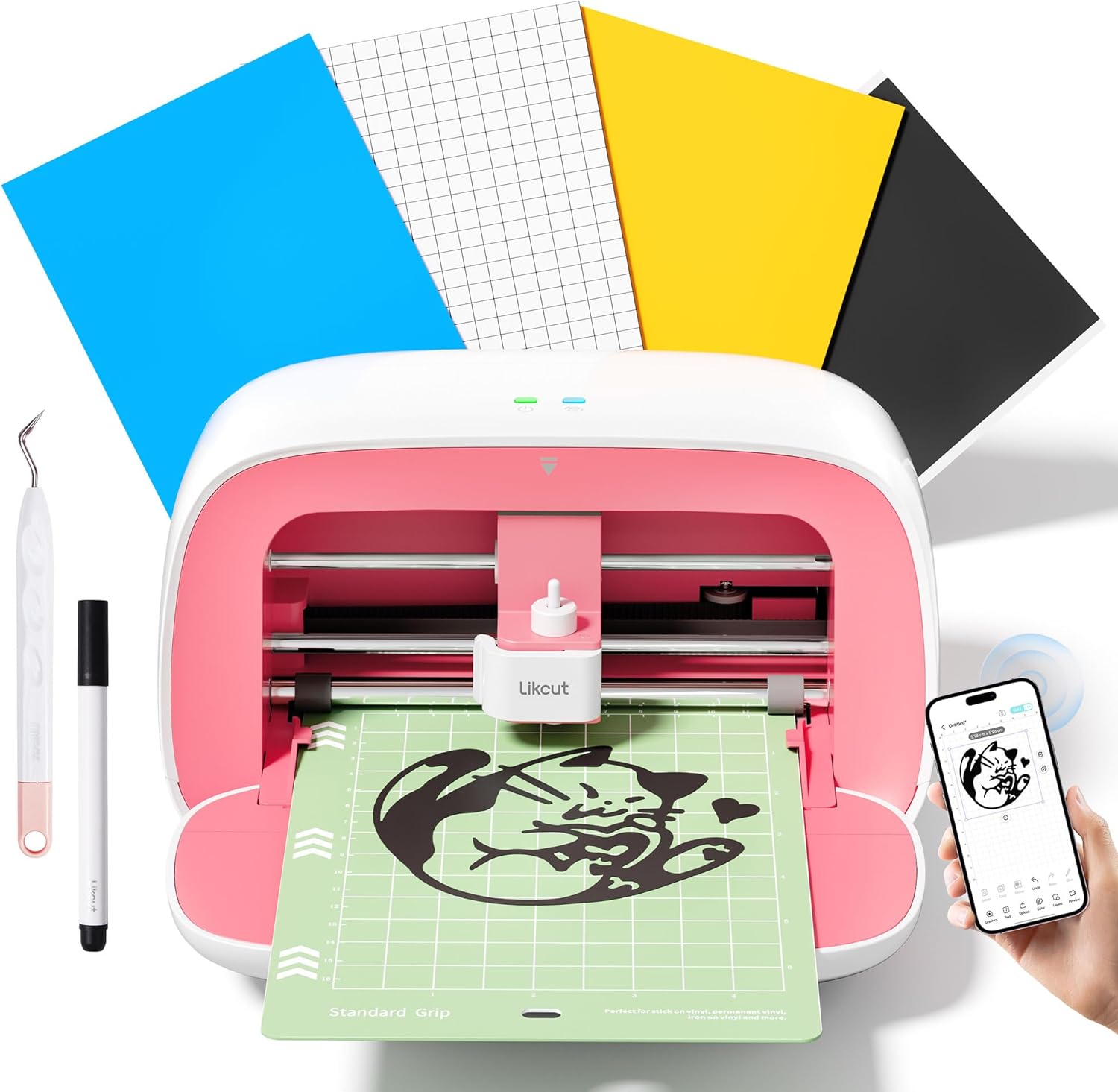 Likcut S501 Vinyl Cutter Machine with Built-in Storage, Die Cutting Machine of Multi Material Vinyl, HTV, Cardstock, Paper, Includes Cutting Mat, Black Pen, Weeding Tool, Pink