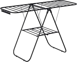 SONGMICS Clothes Drying Rack, with Sock Clips, Metal Laundry Rack, Foldable, Space-Saving, Free-Standing Airer, with Height-Adjustable Gullwings, Indoor Outdoor Use, Black ULLR052B01