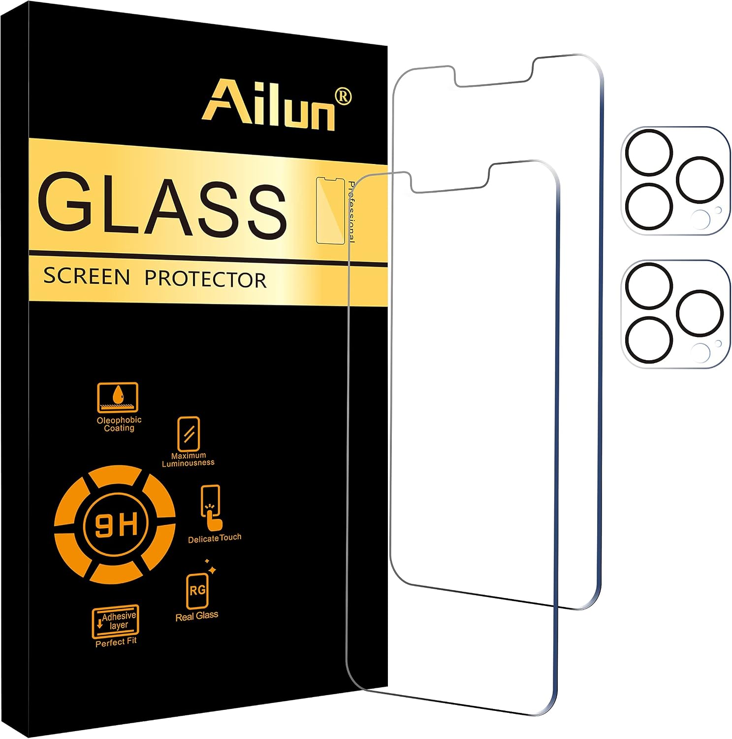 Ailun 2Pack Screen Protector for iPhone 13 Pro [6.1 inch] Display 2021 + 2 Pack Camera Lens Protector, Tempered Glass Film,[9H Hardness] - HD [Not for iPhone 13 Pro Max][4 Pack]