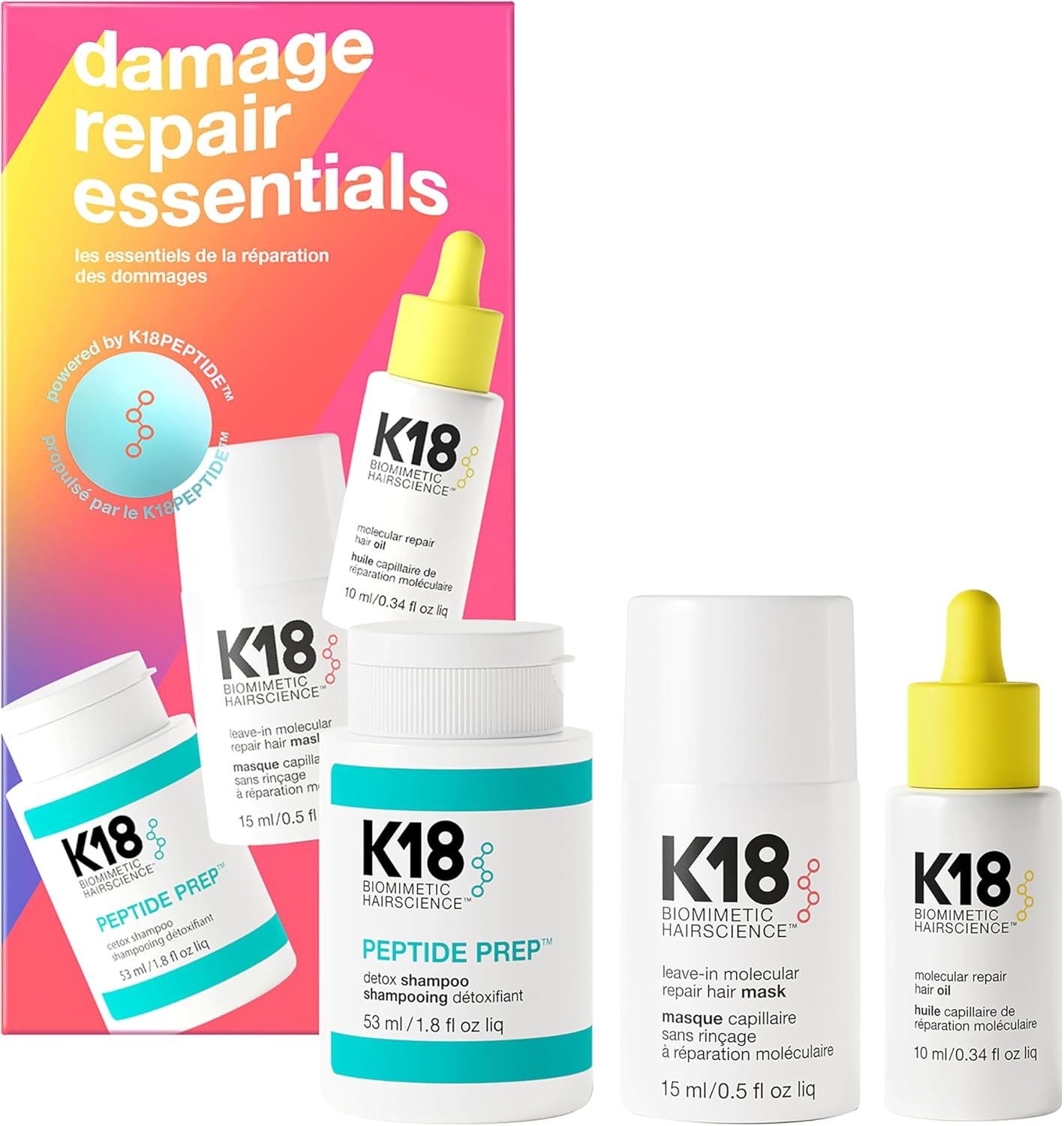 K18 Damage Repair Essentials Kit, Travel-Friendly Trio Featuring Mini Hair Mask, Mini Hair Oil & Mini Detox Shampoo