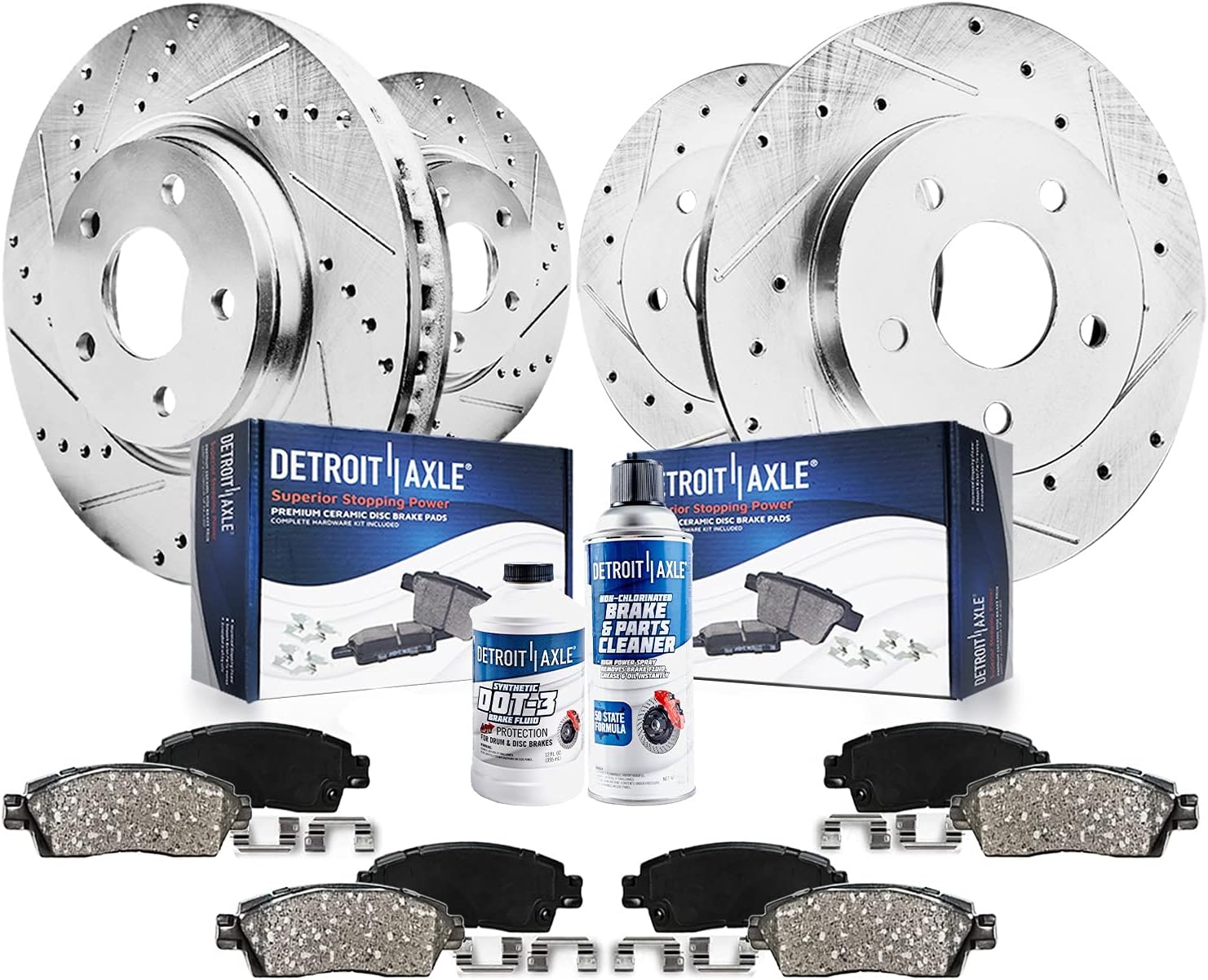 Detroit Axle - Brake Kit for Chrysler Town & Country Dodge Grand Caravan Journey Ram C/V Routan Drilled & Slotted Brakes Rotors Brake Pads Replacement : 12.99" inch Front and 12.91" inch Rear Rotor