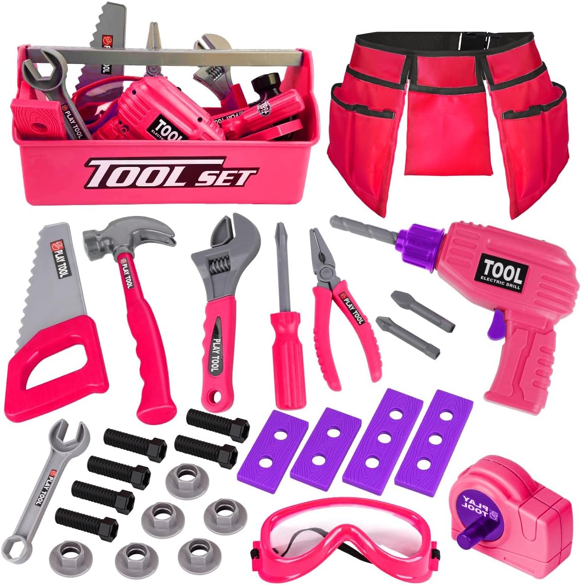 LOYO Kids Tool Set - 30Pcs Pretend Play Tool Toys with Kids Tool Belt, Electric Toy Drill, Construction Tool Box Kit Kids Toys Gift for Girl Boys Age 3 4 5 6 Years Old(Pink)