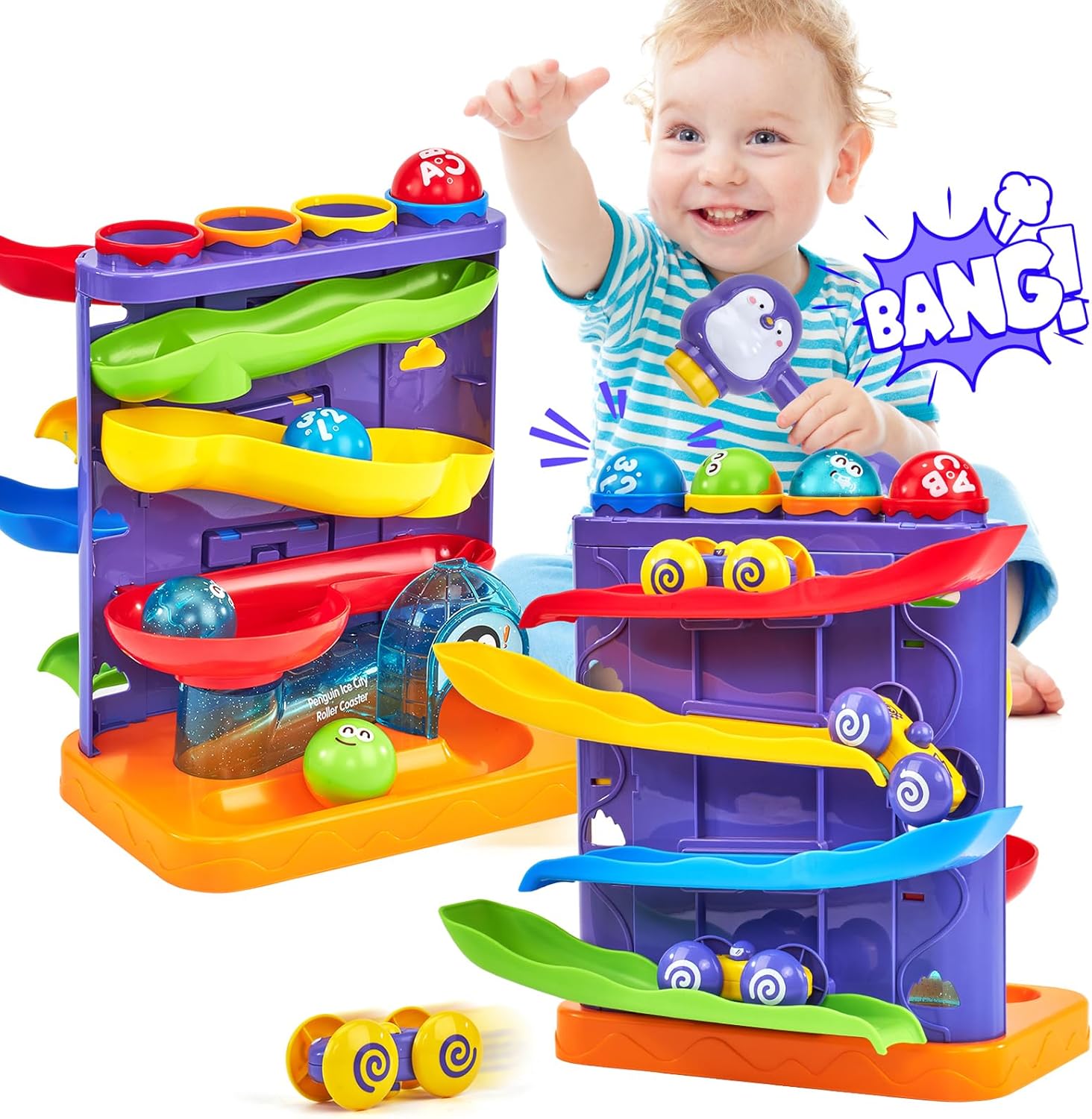 hahaland Toddler Toys for 1 Year Old Boy 2 in 1 Pound Ball Toy & Car Ramp Race Track Learning Early Developmental Montessori Toys for 2 Year Old Christmas Birthday Gifts Stocking Stuffers