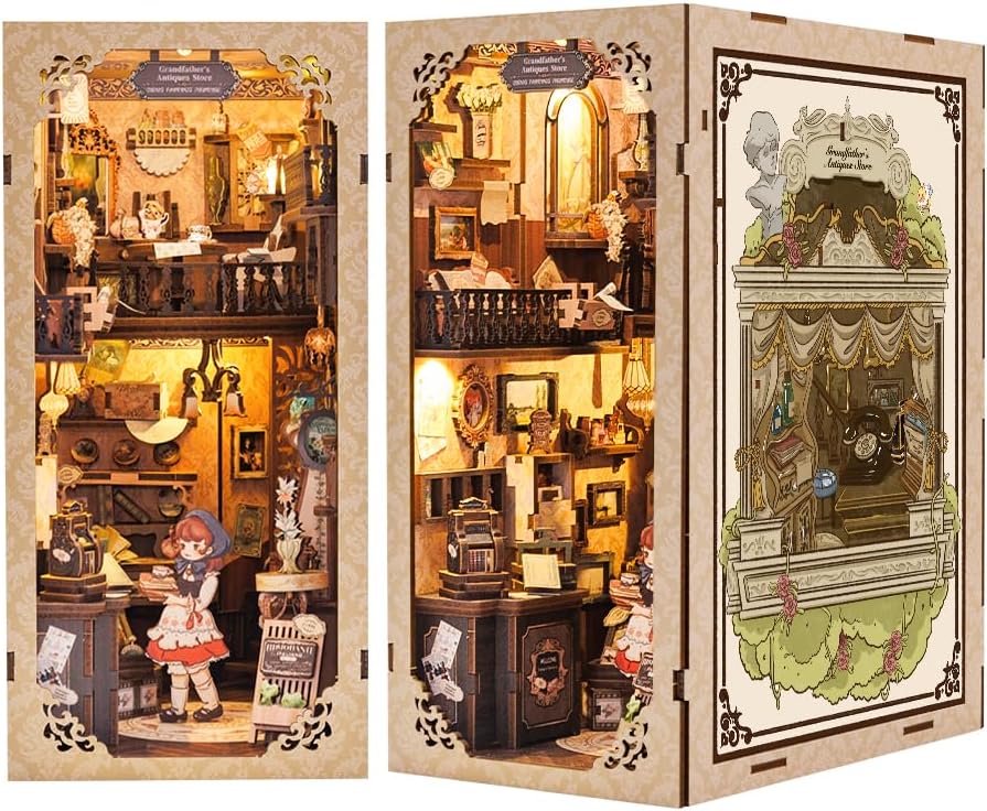 Cutefun DIY Book Nook Kit - Miniature House Kit Adults 3D Wooden Puzzles Bookshelf Decor Tiny House Mini Nook Puzzle Gifts for Women Teenagers Book Lovers（Grandfather's Antiques Store）