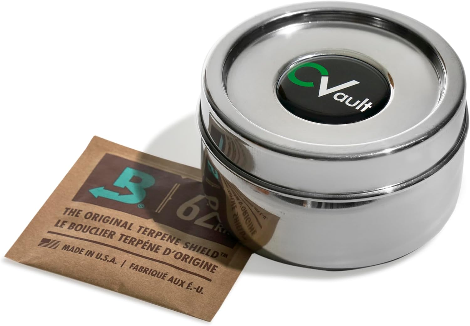 CVault by Boveda | 1/2 oz Twist Top Storage Container | Shatterproof, Air Tight & Light Resistant | Food Grade Stainless Steel | Includes 62% RH 8-gram Boveda Pack