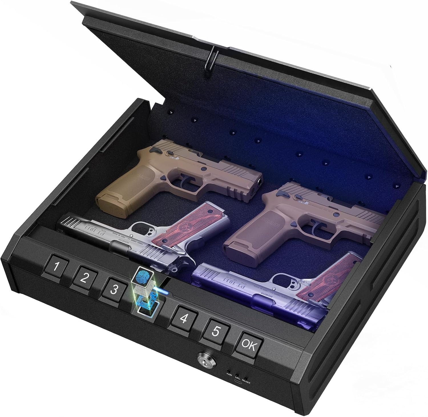 ONNAIS Large Biometric Gun Safe - Fingerprint Pistol Safes with Internal Light, Three Unlock Methods, and Emergency Power Supply, Gun Lock Box for Home, Nightstand, Bedside, and Car Use