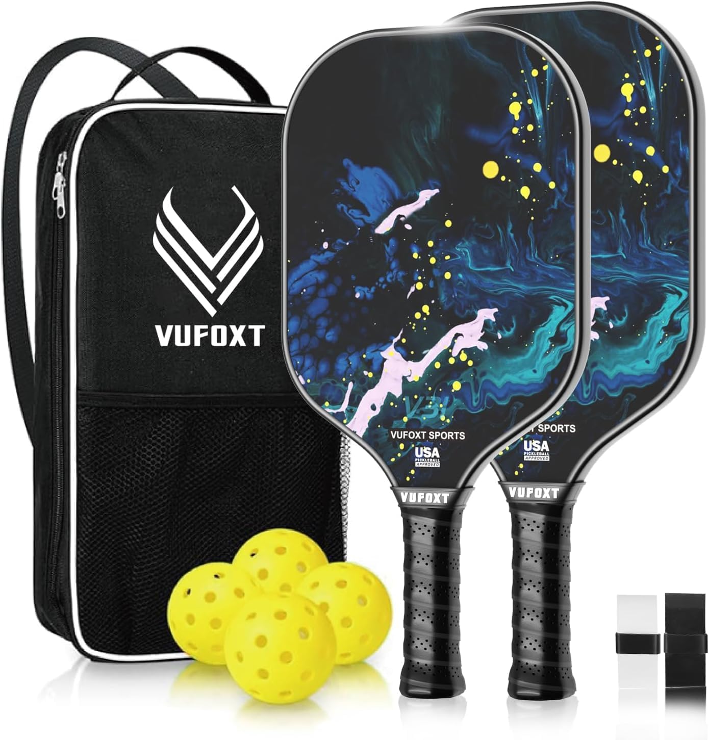 Pickleball Paddles Set of 2/4, USAPA Approved Carbon Fiber Surface Pickle Ball Set - 14mm PP Honeycomb Core of Lightweight Pickleball Rackets -Suitable for Beginners' Training and Game(Blue)