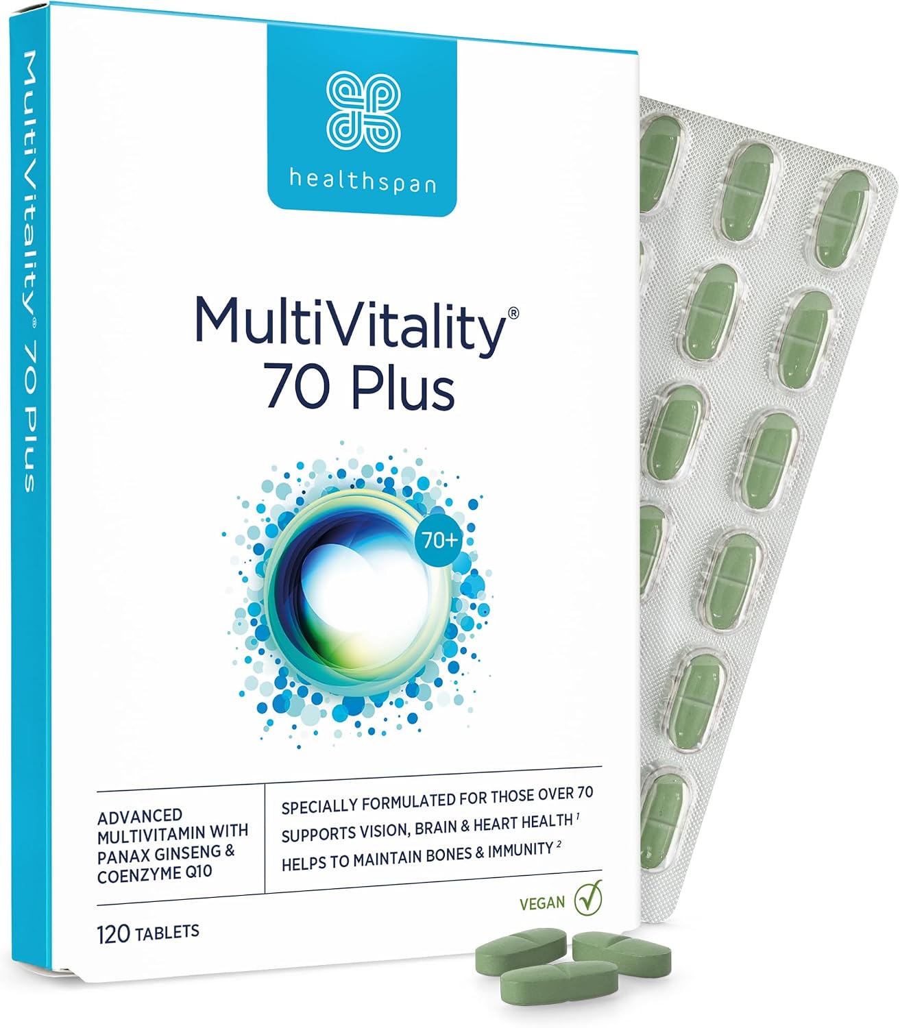 Healthspan Multivitamin 70 Plus (120 Tablets) | Advanced MultiVitamin | Brain, Heart, Bone & Immunity Health | Vitamin C & Vitamin D3 | Added Panax Ginseng | Vegan