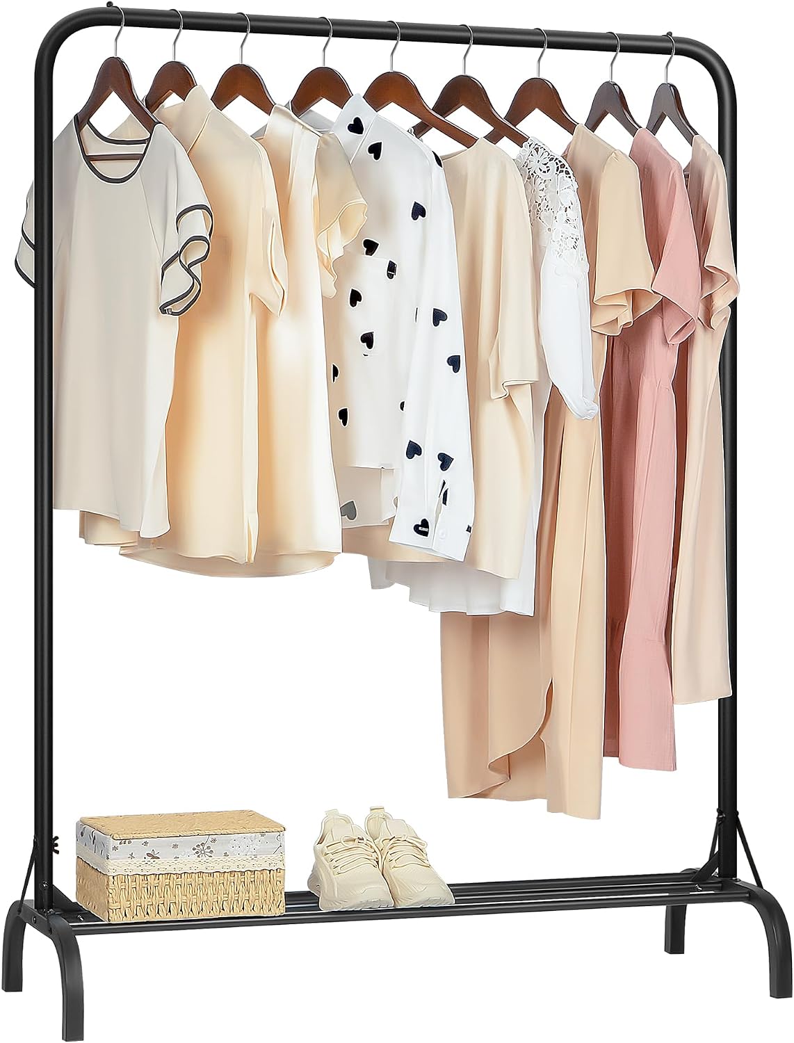 Sturdy Clothes Rail for Bedroom, Portable Clothes Rack with Shoe Storage, Metal Clothing Rail for Hanging Garments (Black)