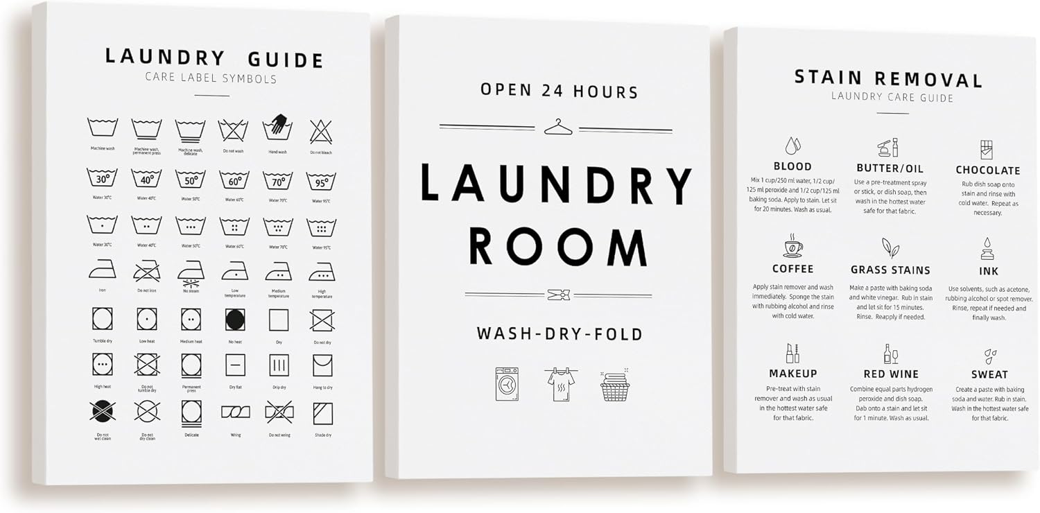 BIWSHA Laundry Room Decor, Laundry Room Sign Wall Art, Laundry Symbols Wall Decor, Laundry Symbols Wall Art Signs for Home Drom Laundromats, 11x14 Inch White