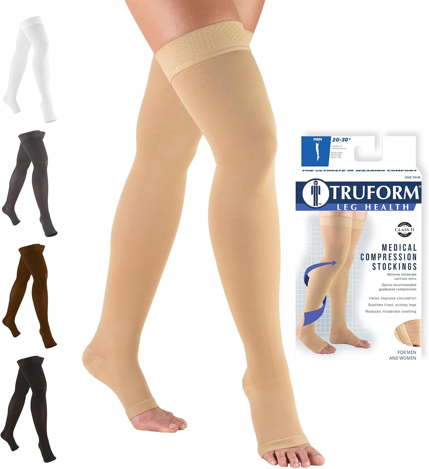 Truform 20-30 mmHg Compression Stockings for Men and Women, Thigh High Length, Dot-Top, Open Toe