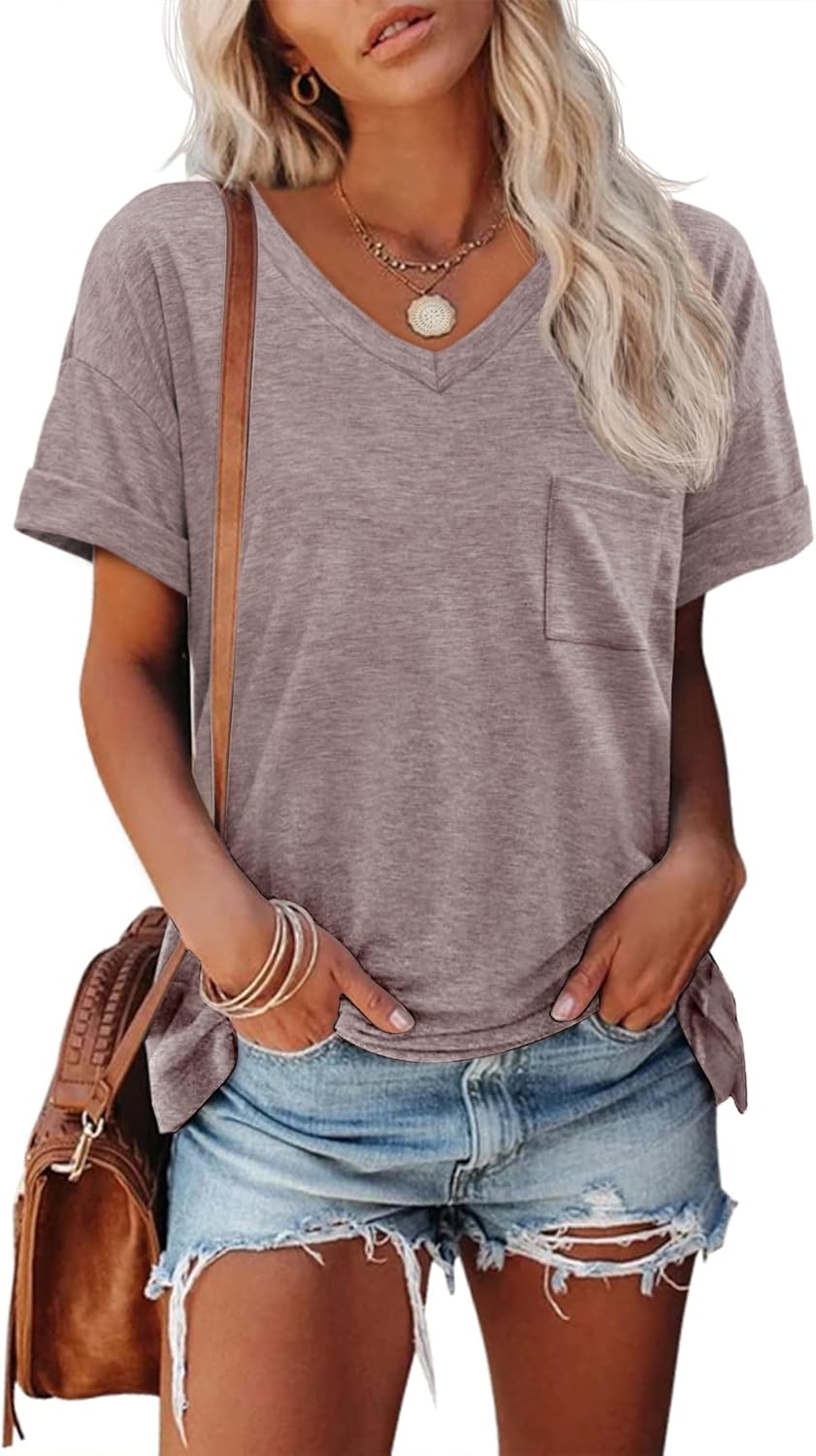 ATHMILE Womens T Shirts 2025 Short Sleeve V-Neck Shirts Cute Fit Summer Casual Tee Tops S-3XL Beach