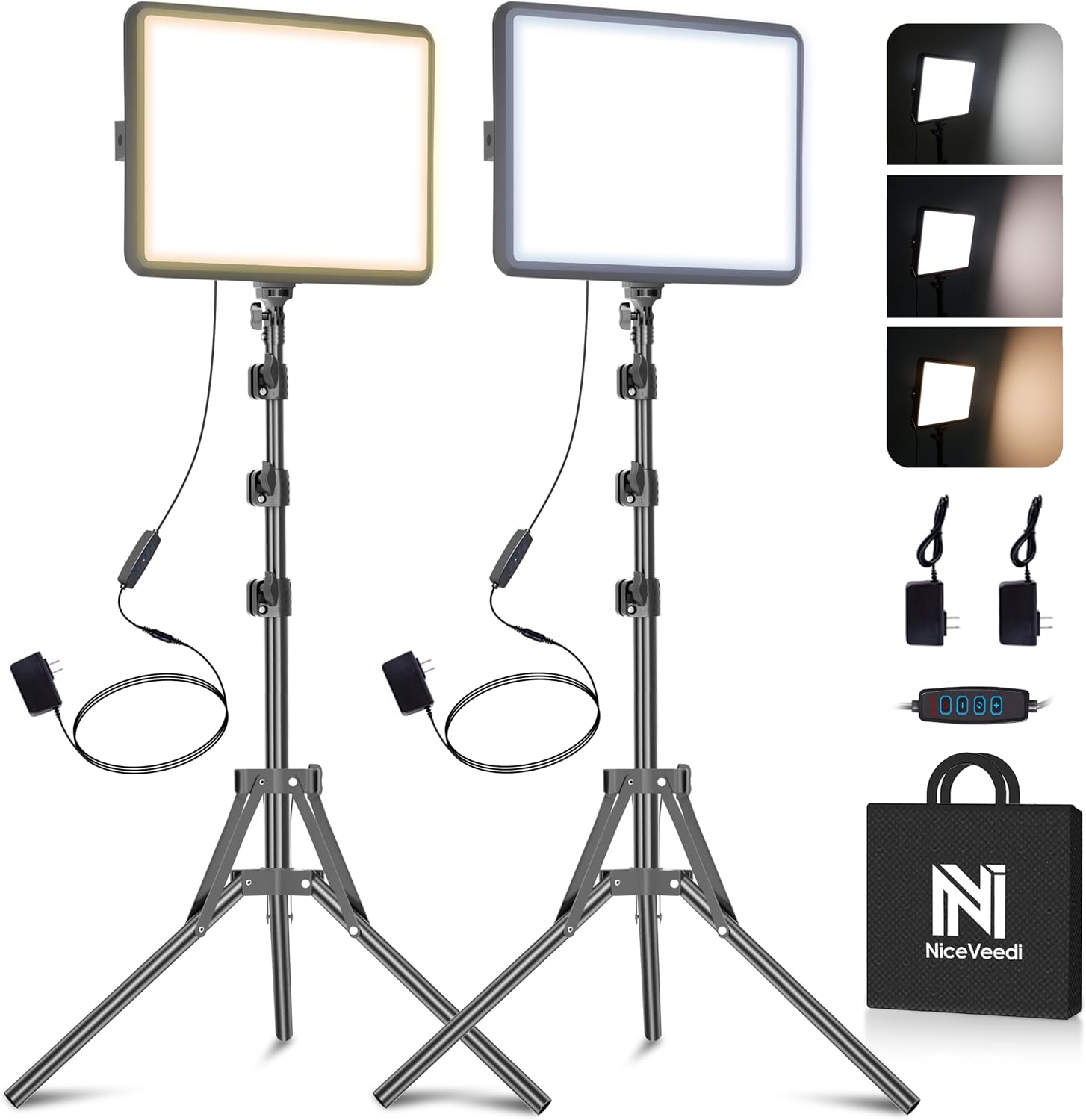 NiceVeedi 25W Photography Lighting, 185cm 2-Pack LED Video Panel Light Kit, 2900-7000K Dimmable Studio Light with Tripod, Streaming Light for Youtube Video Record/TikTok Live Stream/Portrait (2Pack)