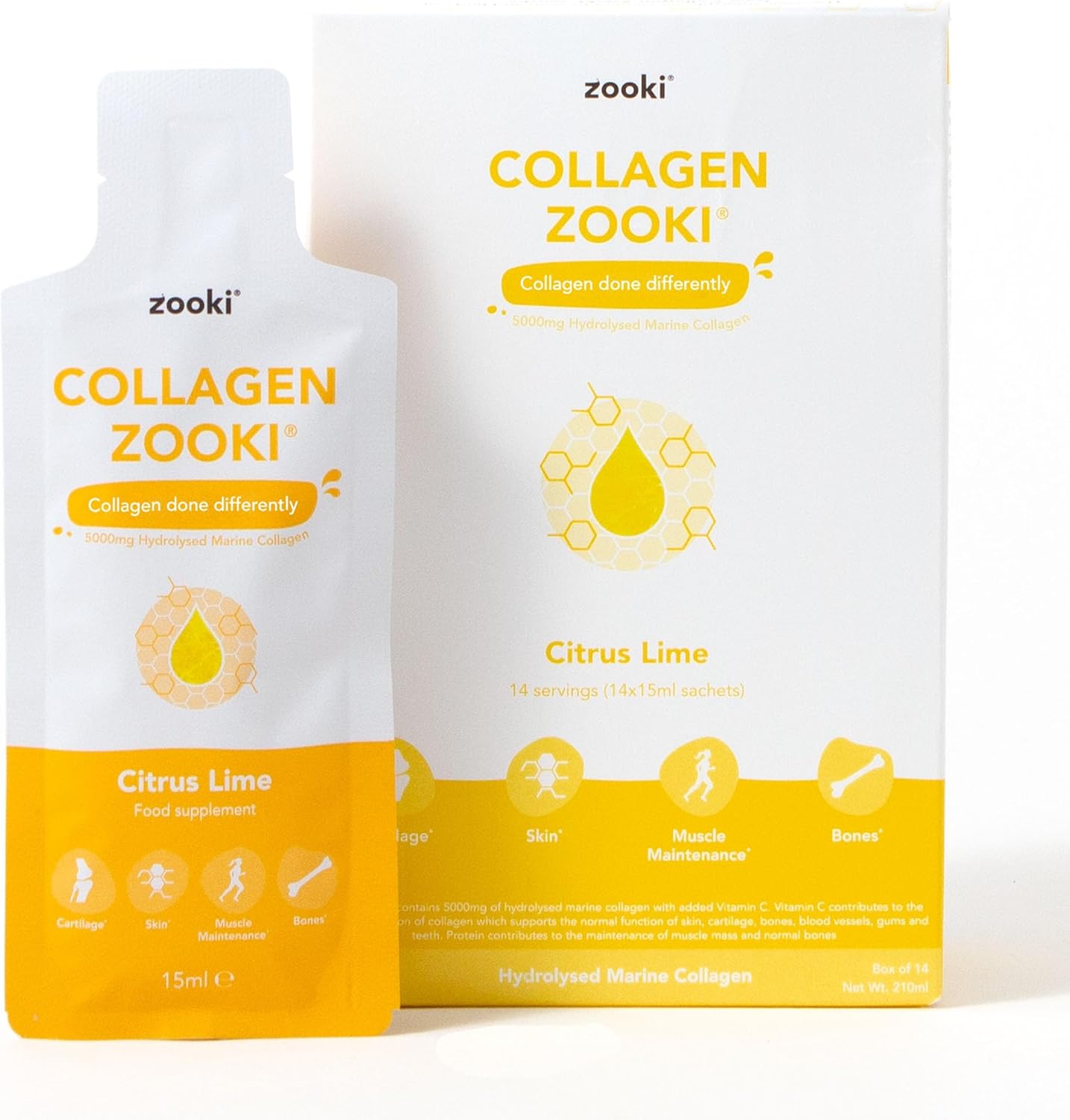 Zooki 5000mg Marine Collagen Liquid Sachets | Hydrolysed Marine Collagen Peptides | Support Skin, Hair, Nails, Joints, Bones & Muscles | (Citrus Lime Flavour, 14 Servings)