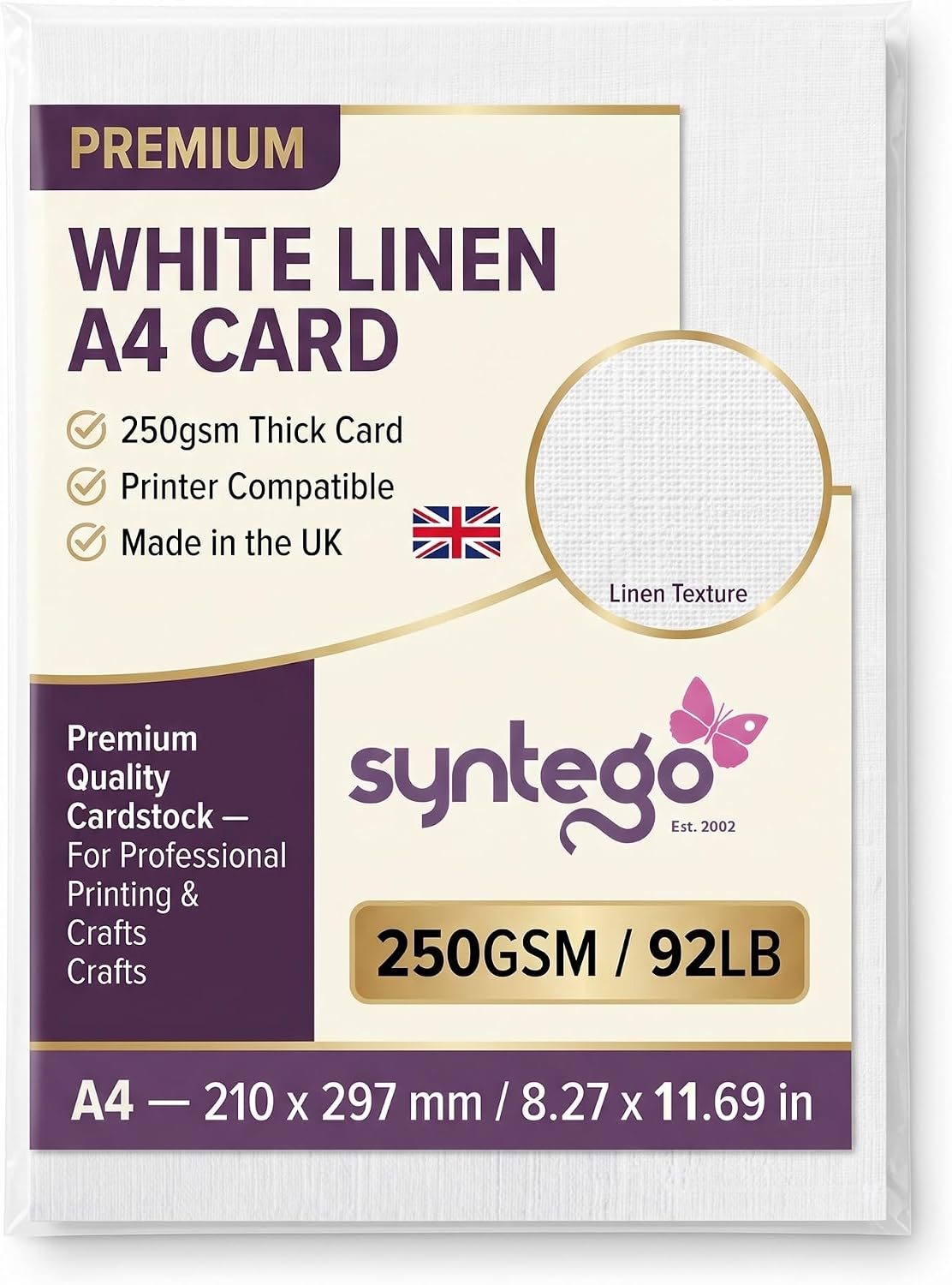 Syntego A4 Linen Card 250gsm – Recycled Silkweave Textured Card for Printing, Invitations, Menus & Crafts (10, White)