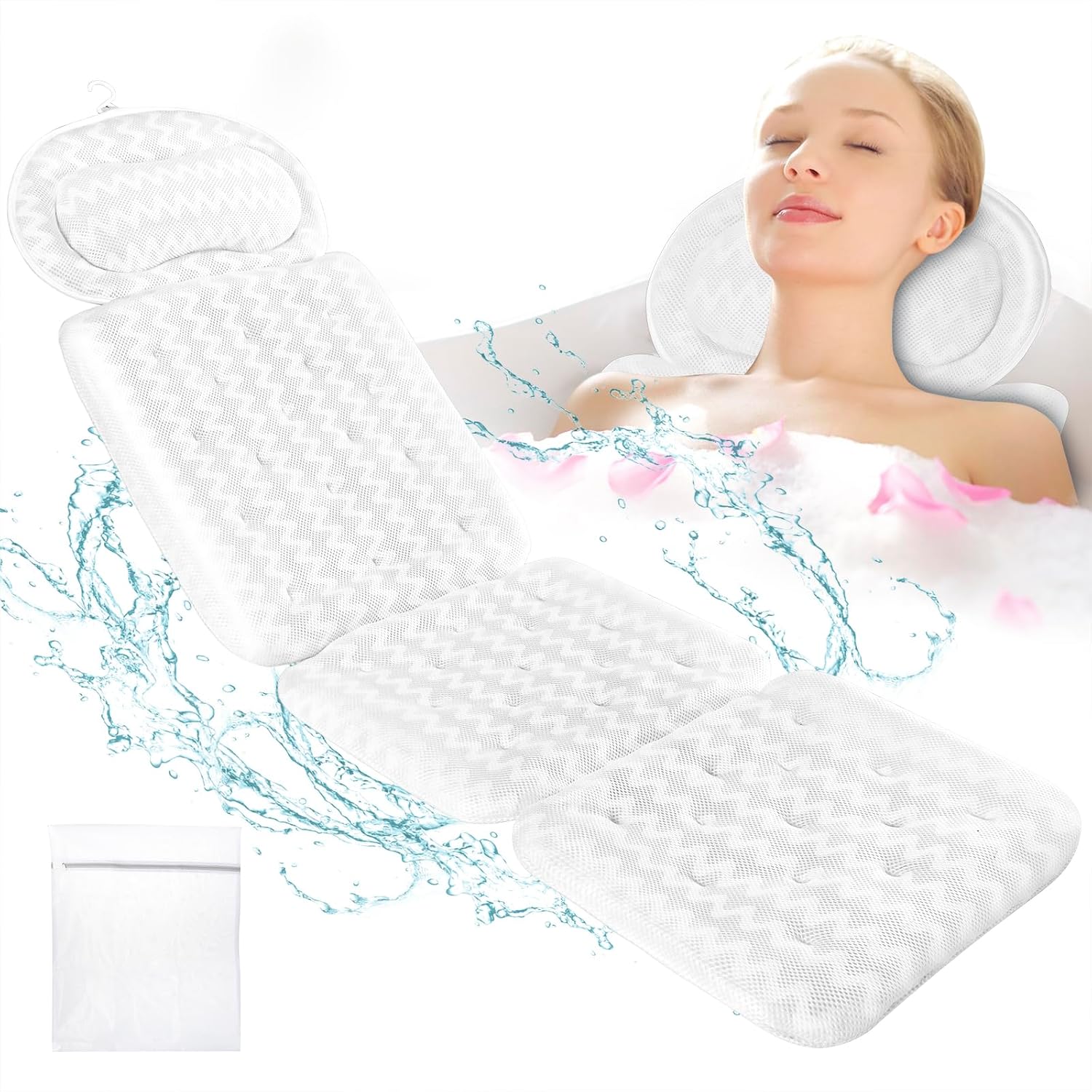 Bath Pillow Bath Pillows for Head and Neck Full Body Bath Cushion Bathtub Pillow Headrest Luxury with Comfort Soft 4D Air Mesh and 10 Powerful Suction Cups for Women Spa Relaxing Fits All Bathtub