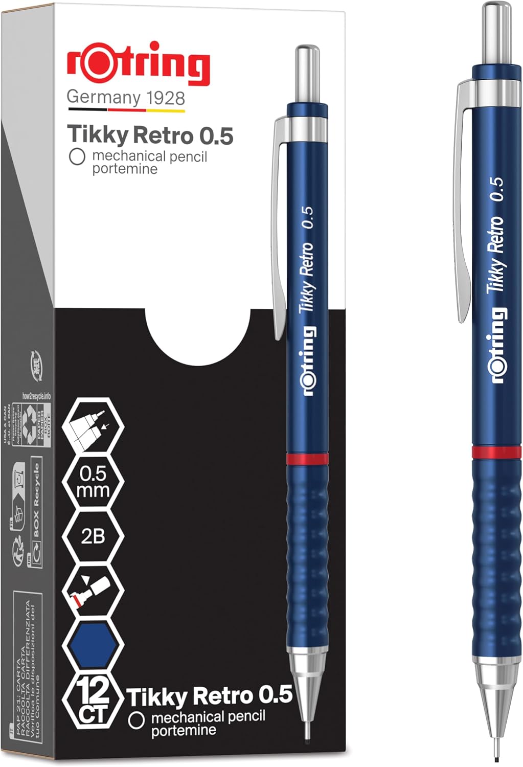 rOtring Tikky Retro Mechanical Pencils | 2B 0.5 mm | Blue Barrels | with Comfort Rippled Grip | 12 Count