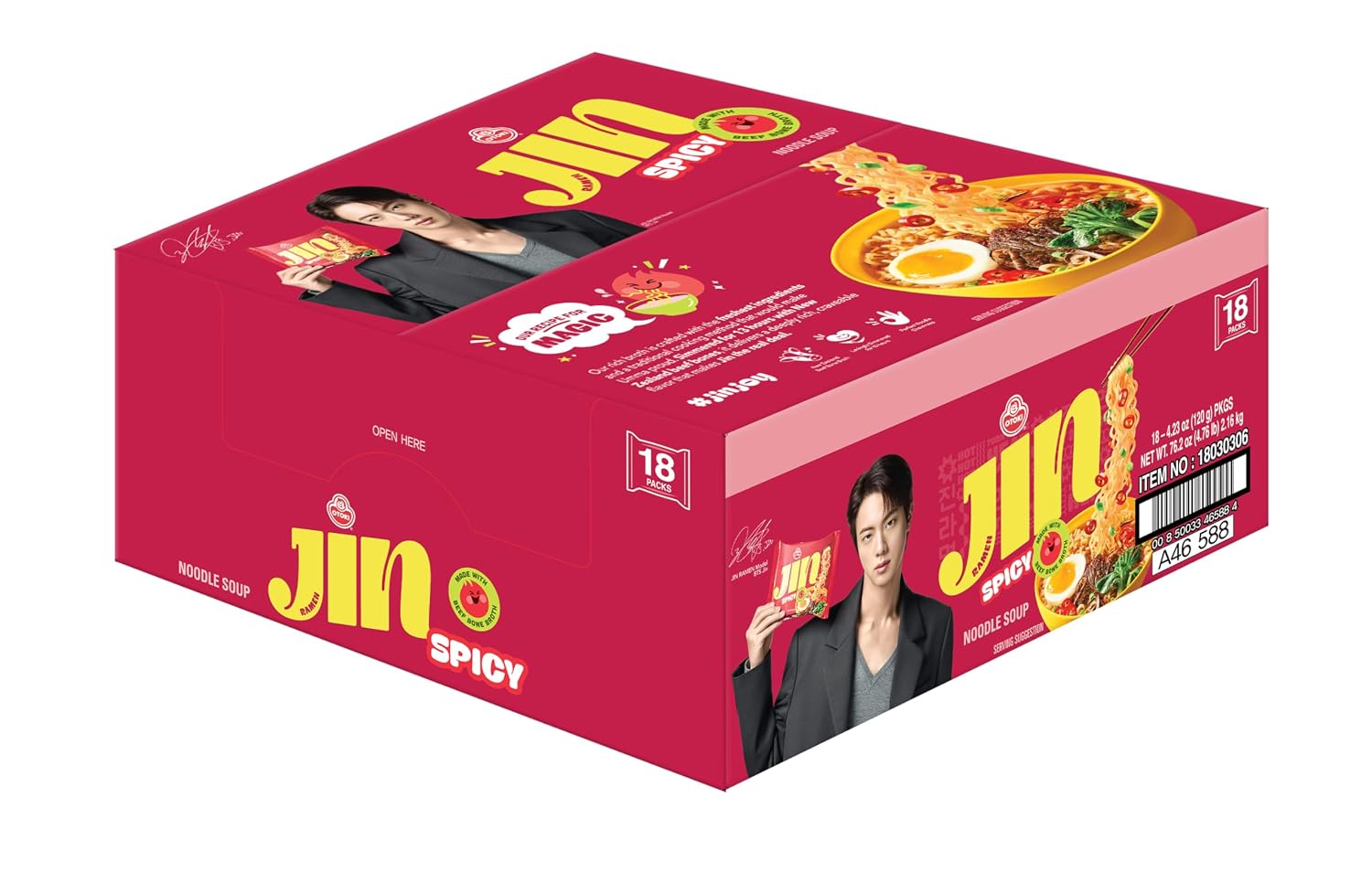 OTOKI Jin Ramen Spicy Flavor, 4.23 oz (Pack of 18) - Authentic Korean Instant Noodles, Rich and Savory Broth, Quick and Easy Meal