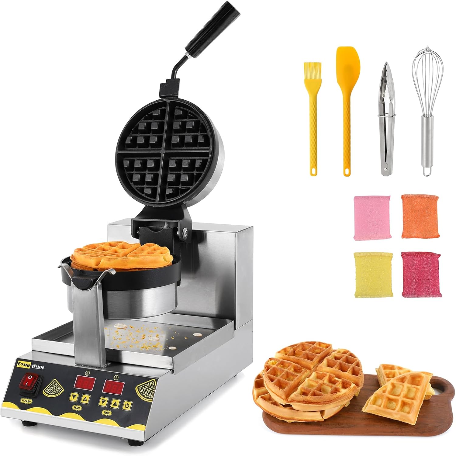 Dyna-Living Belgian Waffle Maker Commercial Intelligent Round Waffle Maker Rotating 180° Nonstick Flip Waffle Iron Machine Professional Commercial Waffle Maker for Restaurant 110V 1200W