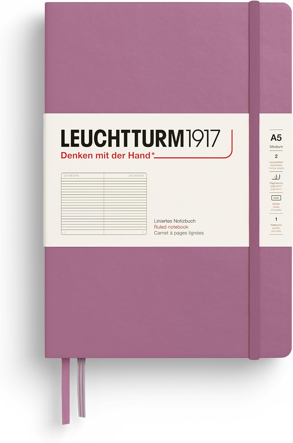 LEUCHTTURM1917 - Notebook Hardcover Medium A5-251 Numbered Pages for Writing and Journaling - Thinking Ahead (Ruled Paper, Dusty Rose)