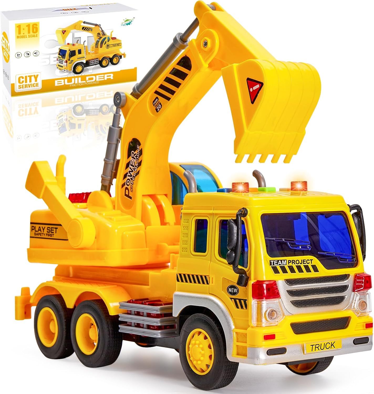 HERSITY Kids Toy Digger, Truck Lorry Toys Construction Vehicles with Lights and Sounds Cars Educational Toys Gifts for Children 3 4 5 6 Years Old Boys and Girls