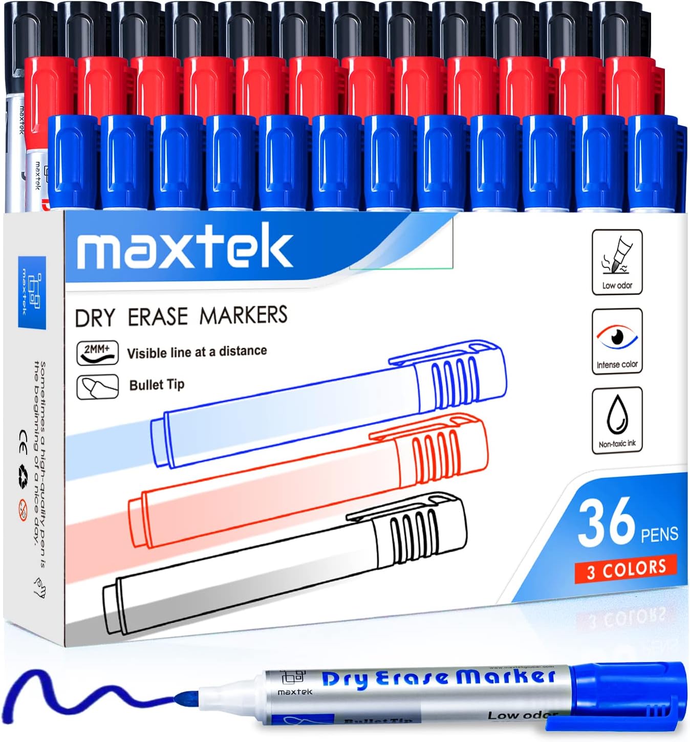 maxtek Whiteboard Pens Markers Bullet Tip, 36 Count Dry Erase Marker Pens Erasable, 3 Assorted Colors, 2-3mm, Office & Classroom Teaching Supplies