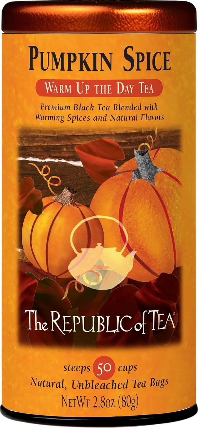 The Republic of Tea Pumpkin Spice Black Tea, Naturally Caffeinated, 50 Ct | Made for morning or afternoon sipping. Brisk and full-bodied with notes of warming ginger and warming spice.