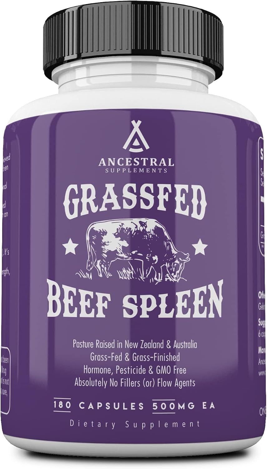 Ancestral Supplements Grass Fed Beef Spleen Capsules, 3000mg, 180 Ct