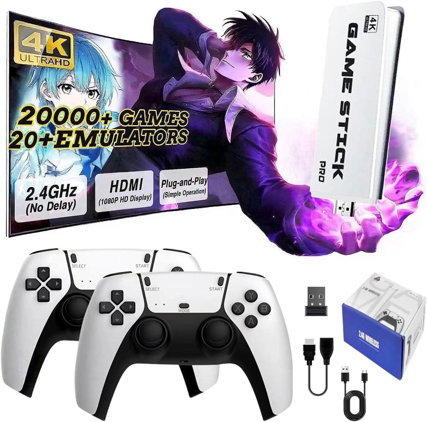 2025 Retro Game Console Video Game Stick, 20000+ Classical Games with Dual 2.4G Wireless Gamepads, Plug & Play for TV HDMI Output, Gift for Boys and Adults