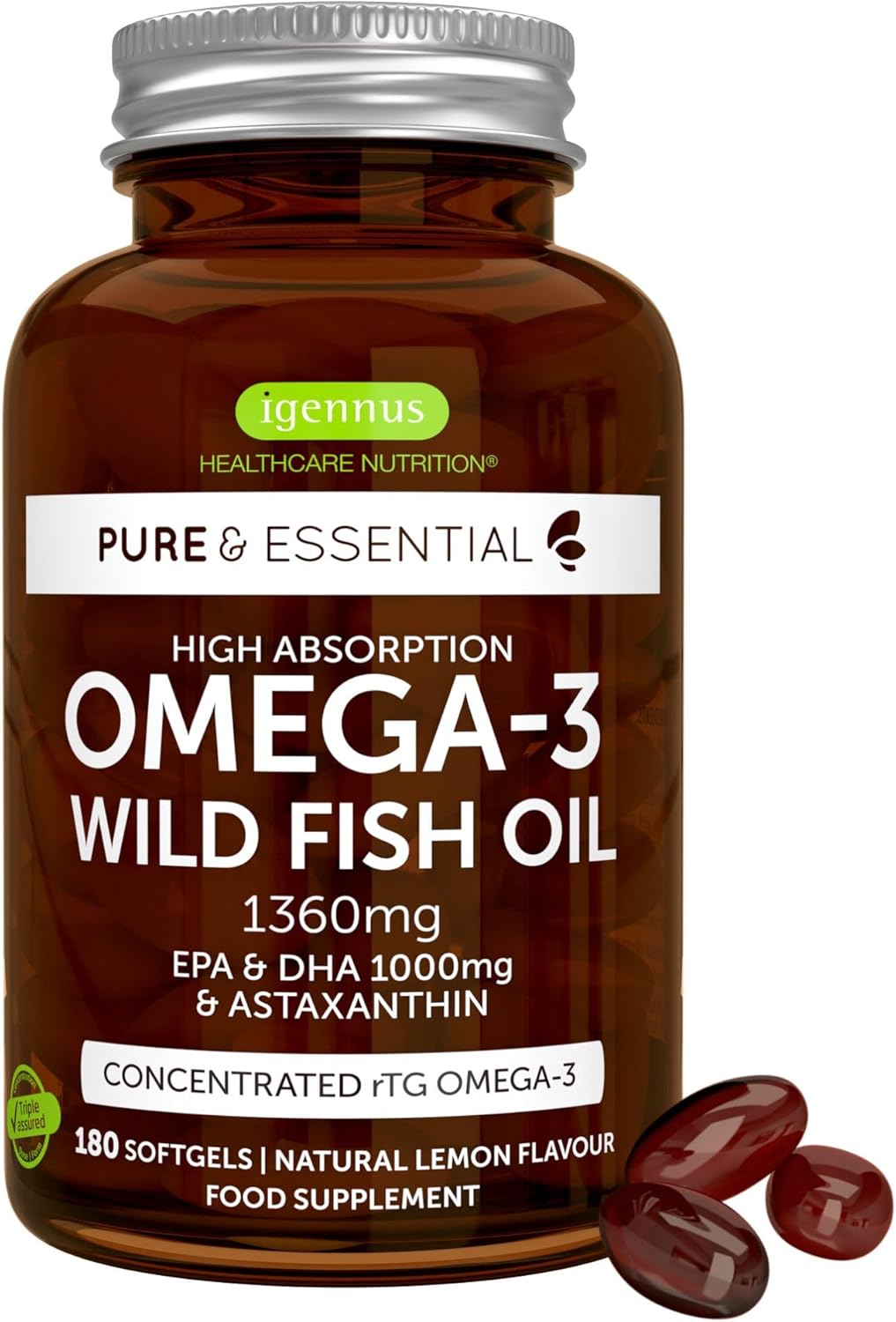 Igennus Omega-3 Wild Fish Oil & Astaxanthin, Highest Grade Triglyceride rTG, 180 Softgels, IFOS Certified Ultra Pure, Omega-3 EPA & DHA Fatty Acids 1360mg, Tested Safe for Mercury, PCBs and Dioxins