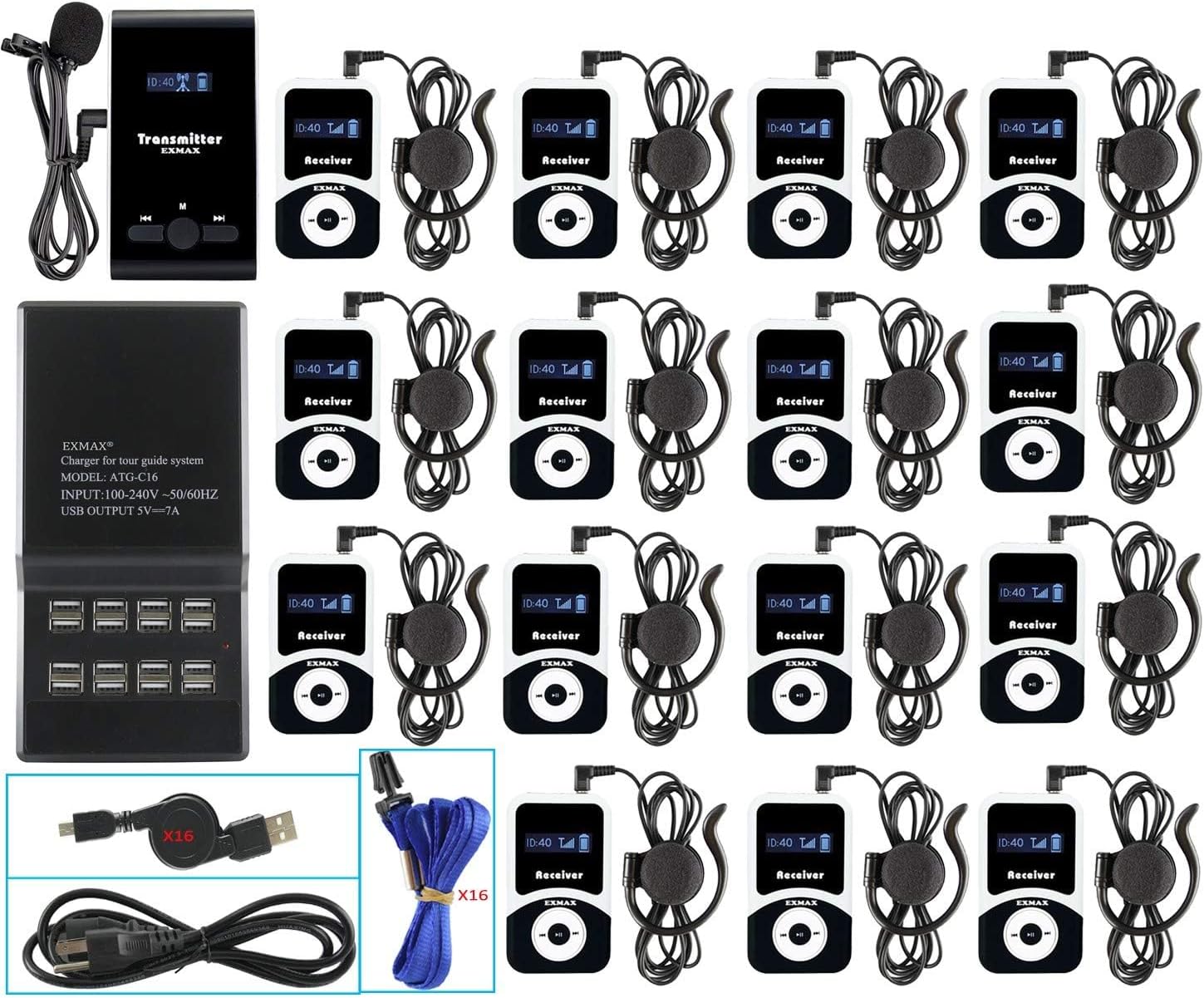 EXMAX EX-100 72MHz wireless tour guide system microphone and headset for teaching, conference, training, business reception, travelling (1 Transmitter 15 Receivers &16-ports USB Charge Station)