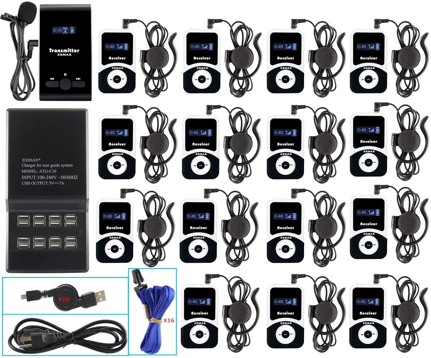 EXMAX® ATG-100T 195MHz Wireless Tour Guide System Simultaneous Translation Interpreting Equipment for Church Translator in Your Ear Translation Devices 1 Transmitter 15 Receivers + Charge Station