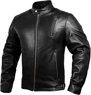 HWK Leather Motorcycle Jacket with Armor for Men, Cafe Racer Genuine Leather Jacket for Weather Resistant Enduro Motocross, Motorbike Riding, Easy Adjust Men's Motorcycle Jacket, X-Large