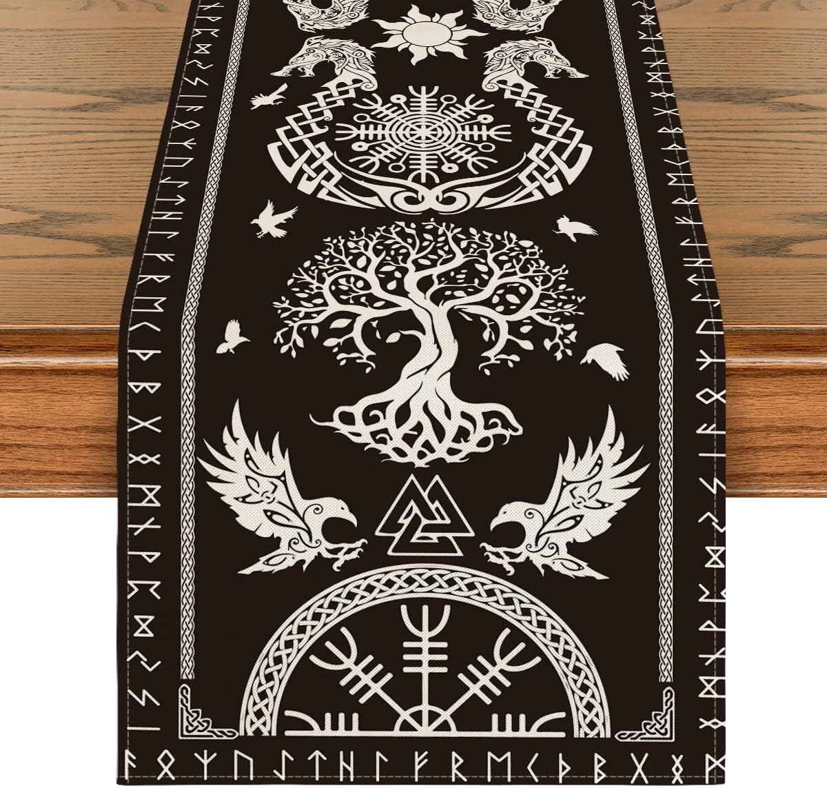Artoid Mode Black Viking Tree of Life Raven Helmet of Awe Table Runner, Seasonal Table Decoration, Indoor, Holiday, Party Decor, 40 x 140 cm