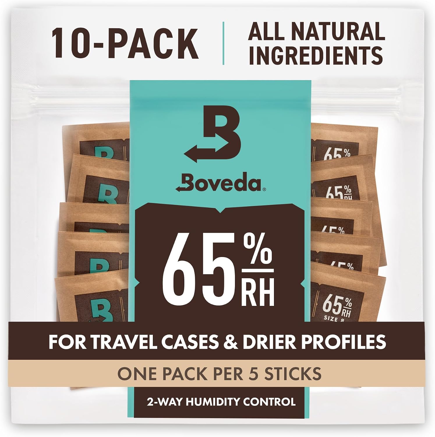 Boveda 65% Two-Way Humidity Control Packs, Aging, Size 8 Travel, 10-Count