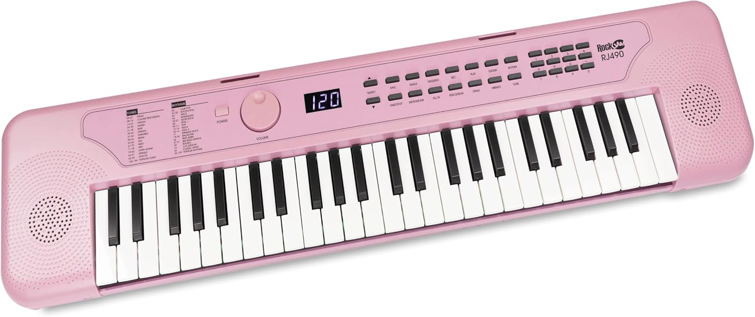 RockJam RJ490 49 Key Mini Keyboard Piano with Speakers, Baby Pink